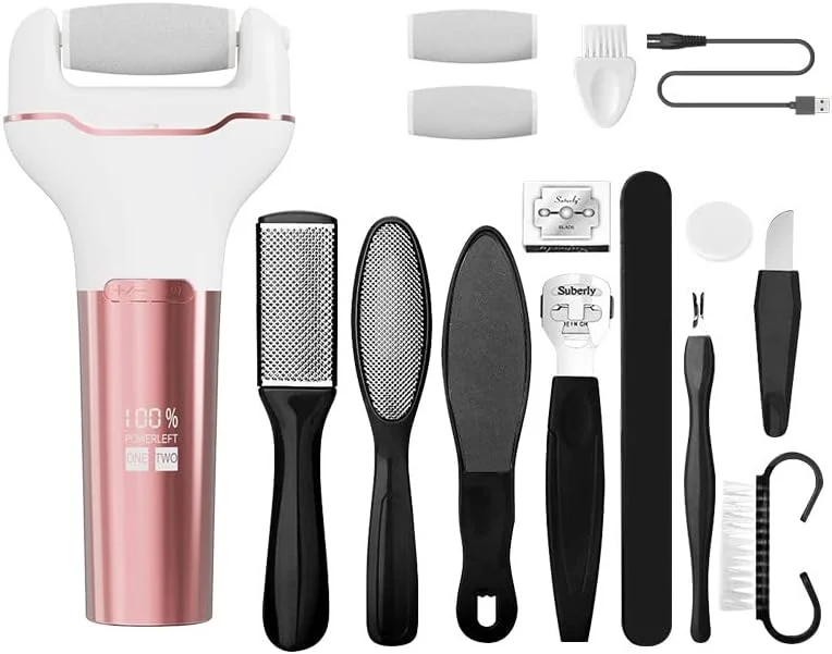 سوهان برقی پا MIKUER، دستگاه شارژی از بین برنده پینه و پوست مرده پا، کیت ضد آب پدیکور با 2 سرعت، کیت مراقبت از پا با نمایشگر LED باتری (صورتی گل رز)