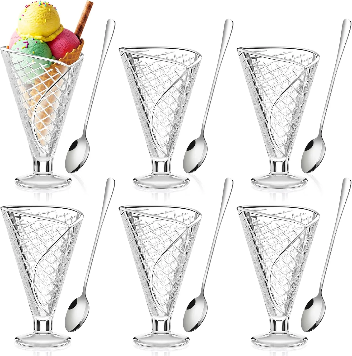 ظروف دسر بستنی شیشه ای SiliFine، 6 ست کاسه دسر وافلی 9 اونسی با قاشق های چای خوری بلند، فنجان های بستنی پایه دار برای جشن تولد، بار، میوه، سالاد، تنقلات یا کوکتل ظروف دسر بستنی شیشه ای SiliFine، 6 ست کاسه دسر وافلی 9 اونسی با قاشق های چای خوری بلند، فنجان های بستنی پایه دار برای جشن تولد، بار، میوه، سالاد، تنقلات یا کوکتل