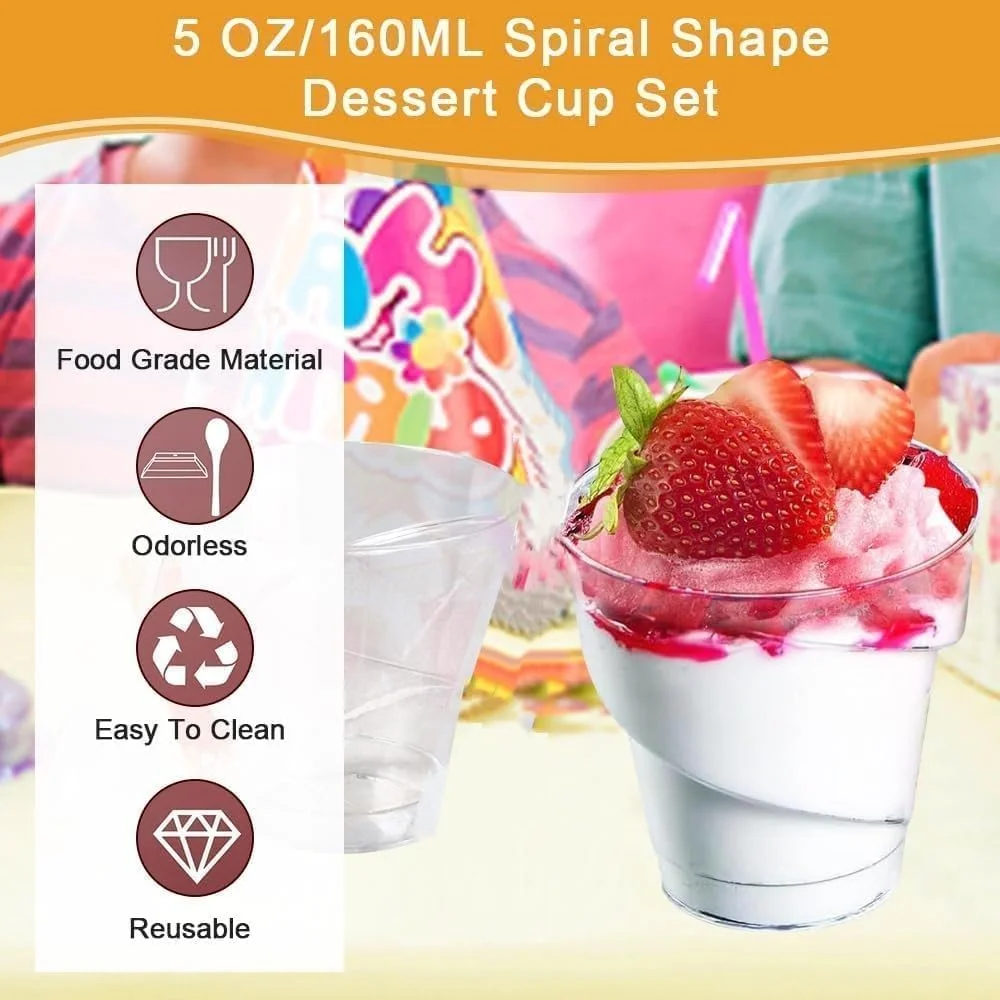 سیلک روت - 100 عدد فنجان دسر پلاستیکی، فنجان دسر گرد مارپیچی 160 میلی لیتری شفاف، کاسه سرو قابل استفاده مجدد برای دسر پودینگ موس مهمانی، 7 × 7 سانتی متر