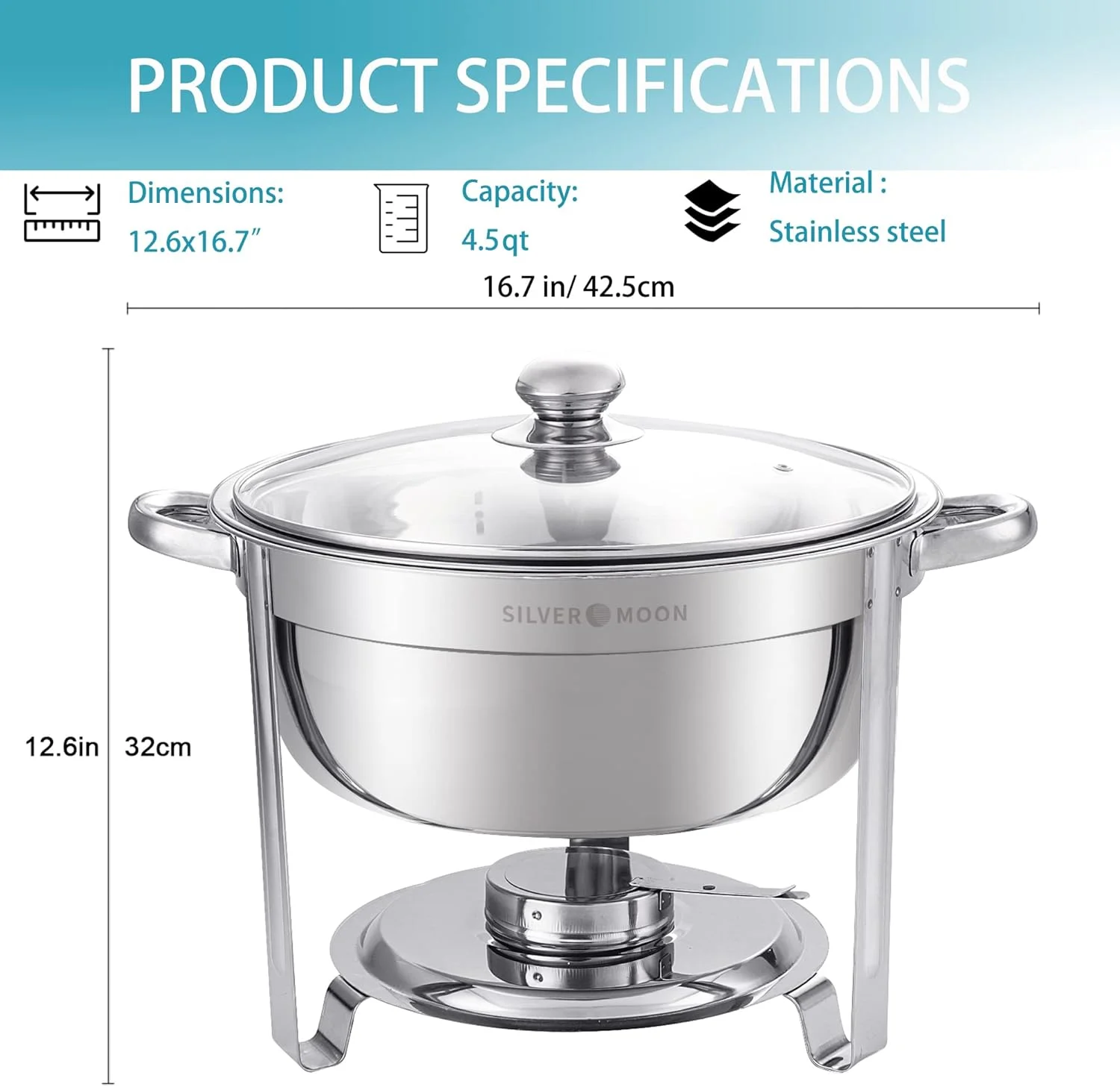 ظرف گرم نگهدارنده غذا گرد SILVER MOON با ظرفیت 4.5 کوارت، ست گرمکن بوفه، گرمکن بوفه استیل ضد زنگ با درب شیشه ای، ست گرمکن غذا برای پذیرایی، گرمکن بوفه برای مهمانی ها ظرف گرم نگهدارنده غذا گرد SILVER MOON با ظرفیت 4.5 کوارت، ست گرمکن بوفه، گرمکن بوفه استیل ضد زنگ با درب شیشه ای، ست گرمکن غذا برای پذیرایی، گرمکن بوفه برای مهمانی ها