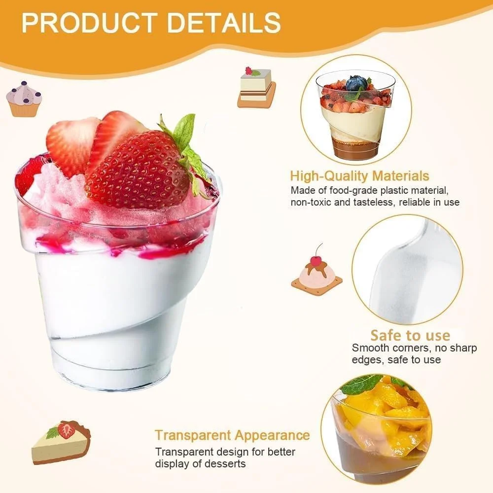 سیلک روت - 100 عدد فنجان دسر پلاستیکی، فنجان دسر گرد مارپیچی 160 میلی لیتری شفاف، کاسه سرو قابل استفاده مجدد برای دسر پودینگ موس مهمانی، 7 × 7 سانتی متر