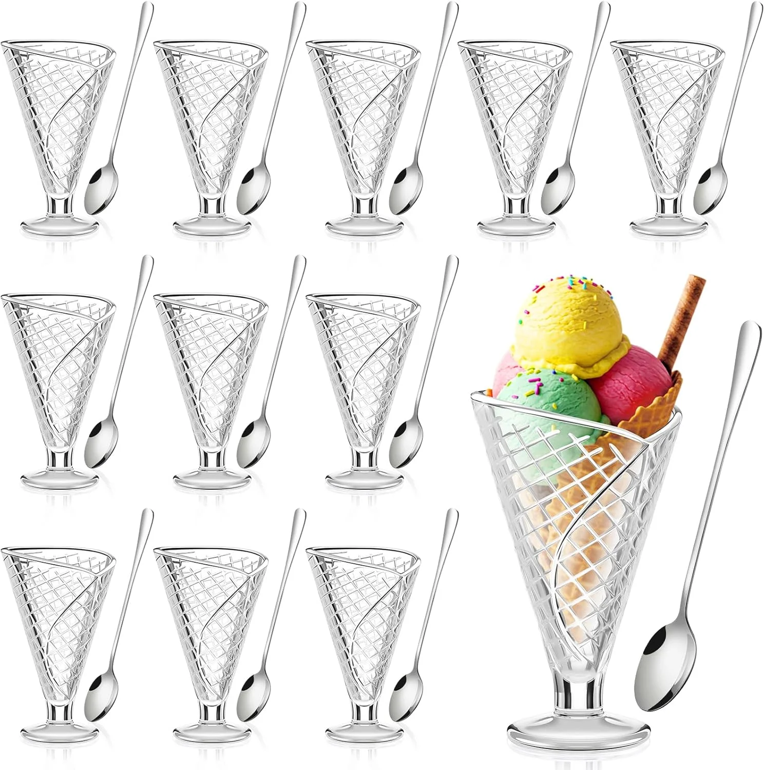 ست 24 تکه کاسه دسر بستنی شیشه ای SiliFine، فنجان های دسر وافل 270 میلی لیتری به همراه قاشق های چای خوری بلند، فنجان های بستنی پایه دار برای جشن تولد، بار، میوه، سالاد، تنقلات یا کوکتل ست 24 تکه کاسه دسر بستنی شیشه ای SiliFine، فنجان های دسر وافل 270 میلی لیتری به همراه قاشق های چای خوری بلند، فنجان های بستنی پایه دار برای جشن تولد، بار، میوه، سالاد، تنقلات یا کوکتل