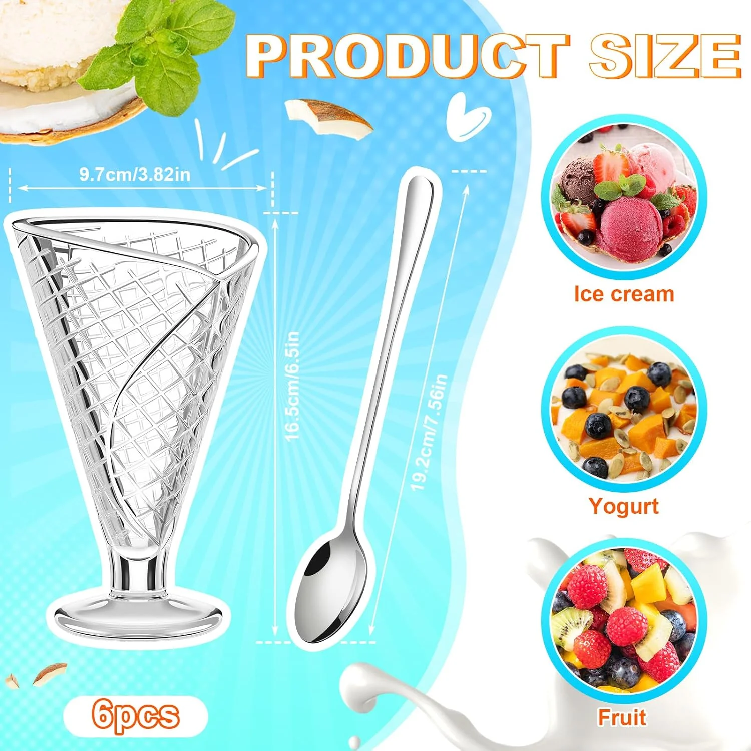 ظروف دسر بستنی شیشه ای SiliFine، 6 ست کاسه دسر وافلی 9 اونسی با قاشق های چای خوری بلند، فنجان های بستنی پایه دار برای جشن تولد، بار، میوه، سالاد، تنقلات یا کوکتل ظروف دسر بستنی شیشه ای SiliFine، 6 ست کاسه دسر وافلی 9 اونسی با قاشق های چای خوری بلند، فنجان های بستنی پایه دار برای جشن تولد، بار، میوه، سالاد، تنقلات یا کوکتل