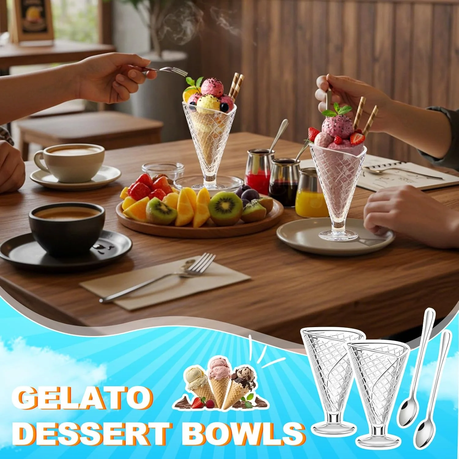 ظروف دسر بستنی شیشه ای SiliFine، 6 ست کاسه دسر وافلی 9 اونسی با قاشق های چای خوری بلند، فنجان های بستنی پایه دار برای جشن تولد، بار، میوه، سالاد، تنقلات یا کوکتل ظروف دسر بستنی شیشه ای SiliFine، 6 ست کاسه دسر وافلی 9 اونسی با قاشق های چای خوری بلند، فنجان های بستنی پایه دار برای جشن تولد، بار، میوه، سالاد، تنقلات یا کوکتل