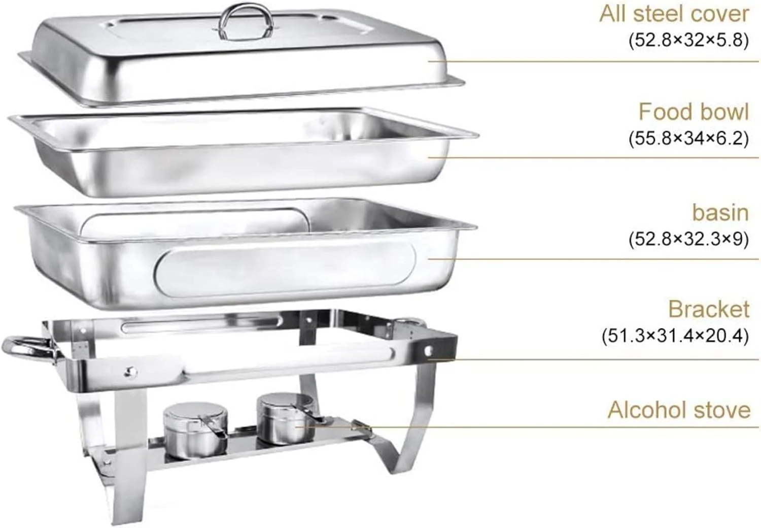 گرمکن غذا استیل ضد زنگ، ست گرمکن بوفه، همراه با ظروف غذا و نگهدارنده سوخت، ست حرفه ای گرمکن غذا برای پذیرایی، بوفه و مهمانی (دو خانه)