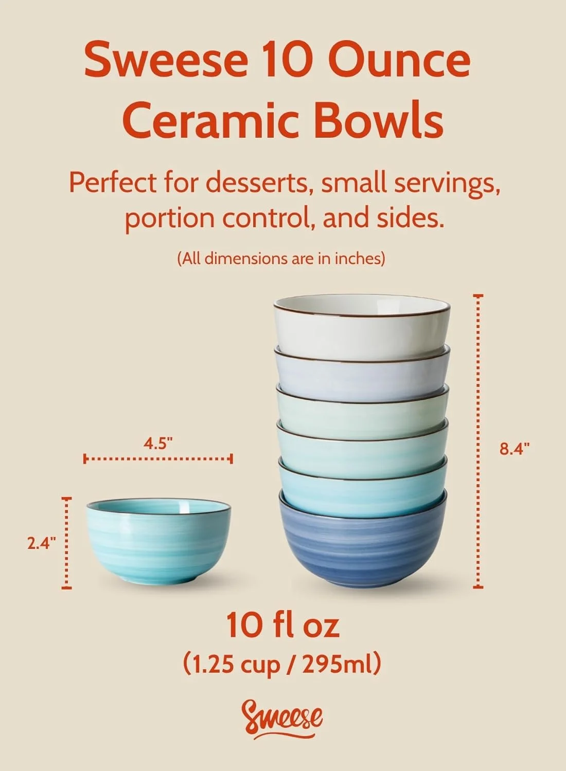 ظروف بستنی سرامیکی 10 اونسی Sweese، ست 6 عددی، ظروف دسر با رنگ های خنک متنوع، قابل استفاده در ماشین ظرفشویی و مایکروویو