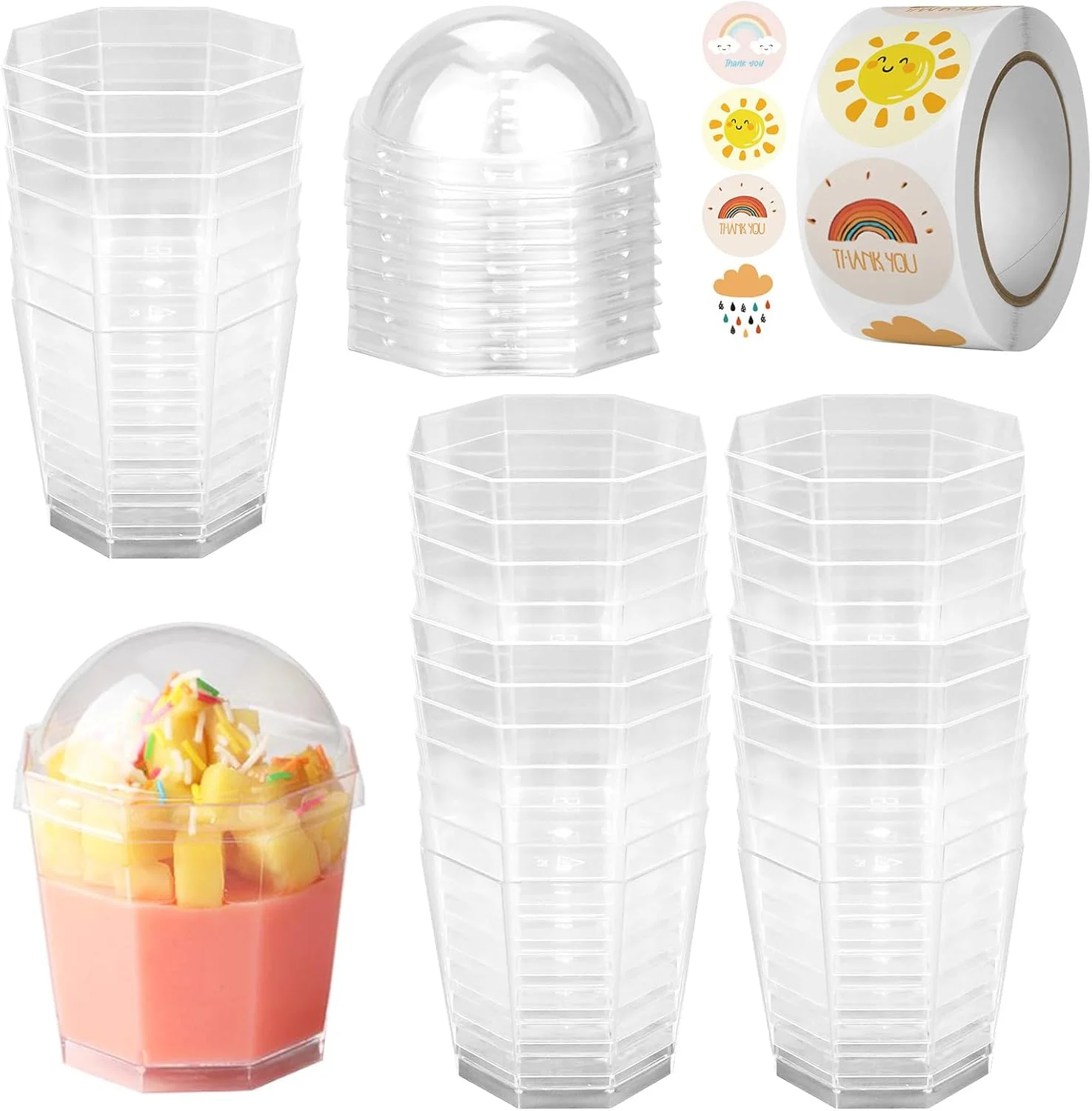 50 عدد فنجان دسر، ظروف دسر پلاستیکی 160 میلی لیتری با درب، قاشق و برچسب، کاسه دسر هشت ضلعی شفاف کوچک قابل استفاده مجدد برای عروسی، جشن تولد، چیزکیک و دسرهای ماتانا 50 عدد فنجان دسر، ظروف دسر پلاستیکی 160 میلی لیتری با درب، قاشق و برچسب، کاسه دسر هشت ضلعی شفاف کوچک قابل استفاده مجدد برای عروسی، جشن تولد، چیزکیک و دسرهای ماتانا