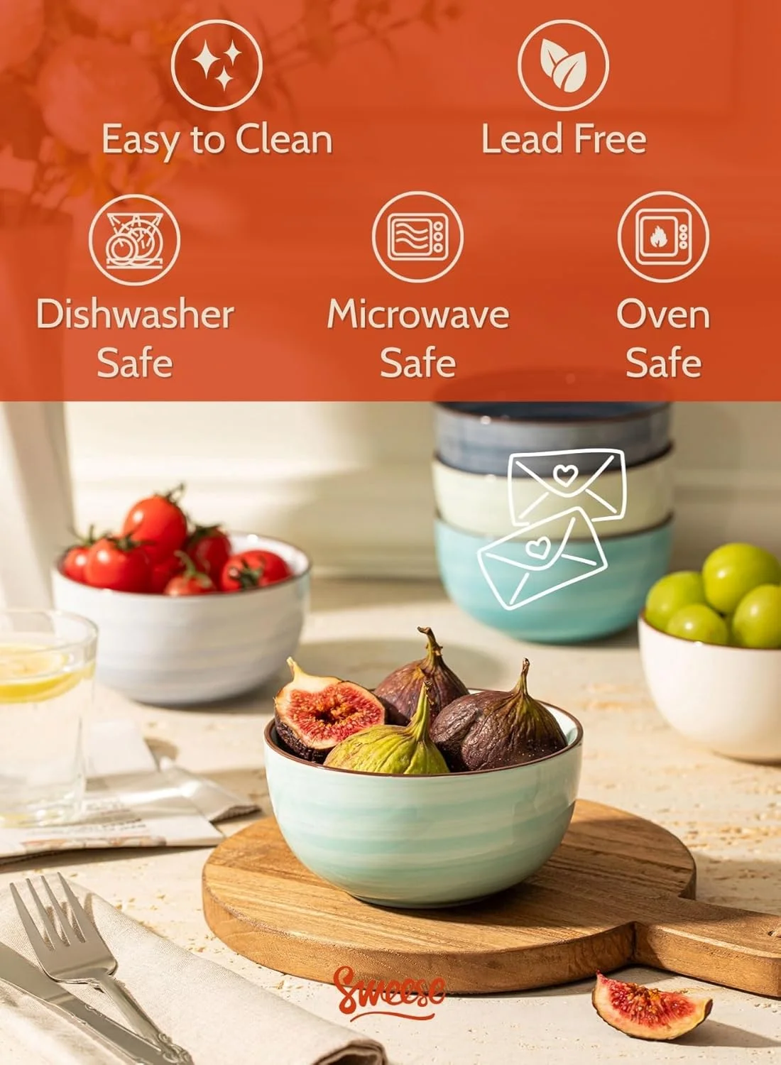 ظروف بستنی سرامیکی 10 اونسی Sweese، ست 6 عددی، ظروف دسر با رنگ های خنک متنوع، قابل استفاده در ماشین ظرفشویی و مایکروویو