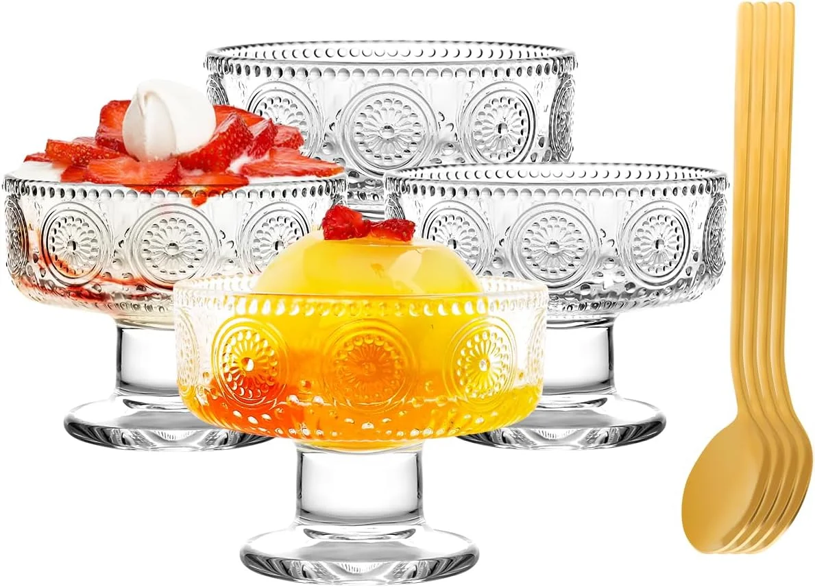 ست 4 تایی کاسه بستنی شیشه ای Swetwiny، فنجان های دسر برجسته شفاف با قاشق طلایی، فنجان های پارفه برای ساندی، بستنی، میوه، کوکتل، فنجان های دسر پایه دار 220 میلی لیتری ست 4 تایی کاسه بستنی شیشه ای Swetwiny، فنجان های دسر برجسته شفاف با قاشق طلایی، فنجان های پارفه برای ساندی، بستنی، میوه، کوکتل، فنجان های دسر پایه دار 220 میلی لیتری