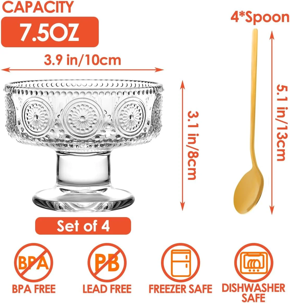 ست 4 تایی کاسه بستنی شیشه ای Swetwiny، فنجان های دسر برجسته شفاف با قاشق طلایی، فنجان های پارفه برای ساندی، بستنی، میوه، کوکتل، فنجان های دسر پایه دار 220 میلی لیتری ست 4 تایی کاسه بستنی شیشه ای Swetwiny، فنجان های دسر برجسته شفاف با قاشق طلایی، فنجان های پارفه برای ساندی، بستنی، میوه، کوکتل، فنجان های دسر پایه دار 220 میلی لیتری