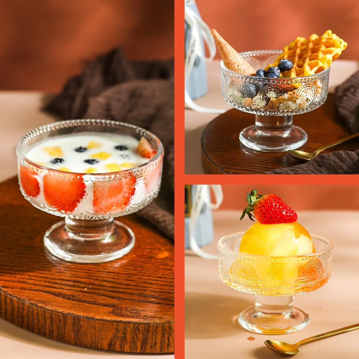 ست 4 تایی کاسه بستنی شیشه ای Swetwiny، فنجان های دسر برجسته شفاف با قاشق طلایی، فنجان های پارفه برای ساندی، بستنی، میوه، کوکتل، فنجان های دسر پایه دار 220 میلی لیتری ست 4 تایی کاسه بستنی شیشه ای Swetwiny، فنجان های دسر برجسته شفاف با قاشق طلایی، فنجان های پارفه برای ساندی، بستنی، میوه، کوکتل، فنجان های دسر پایه دار 220 میلی لیتری