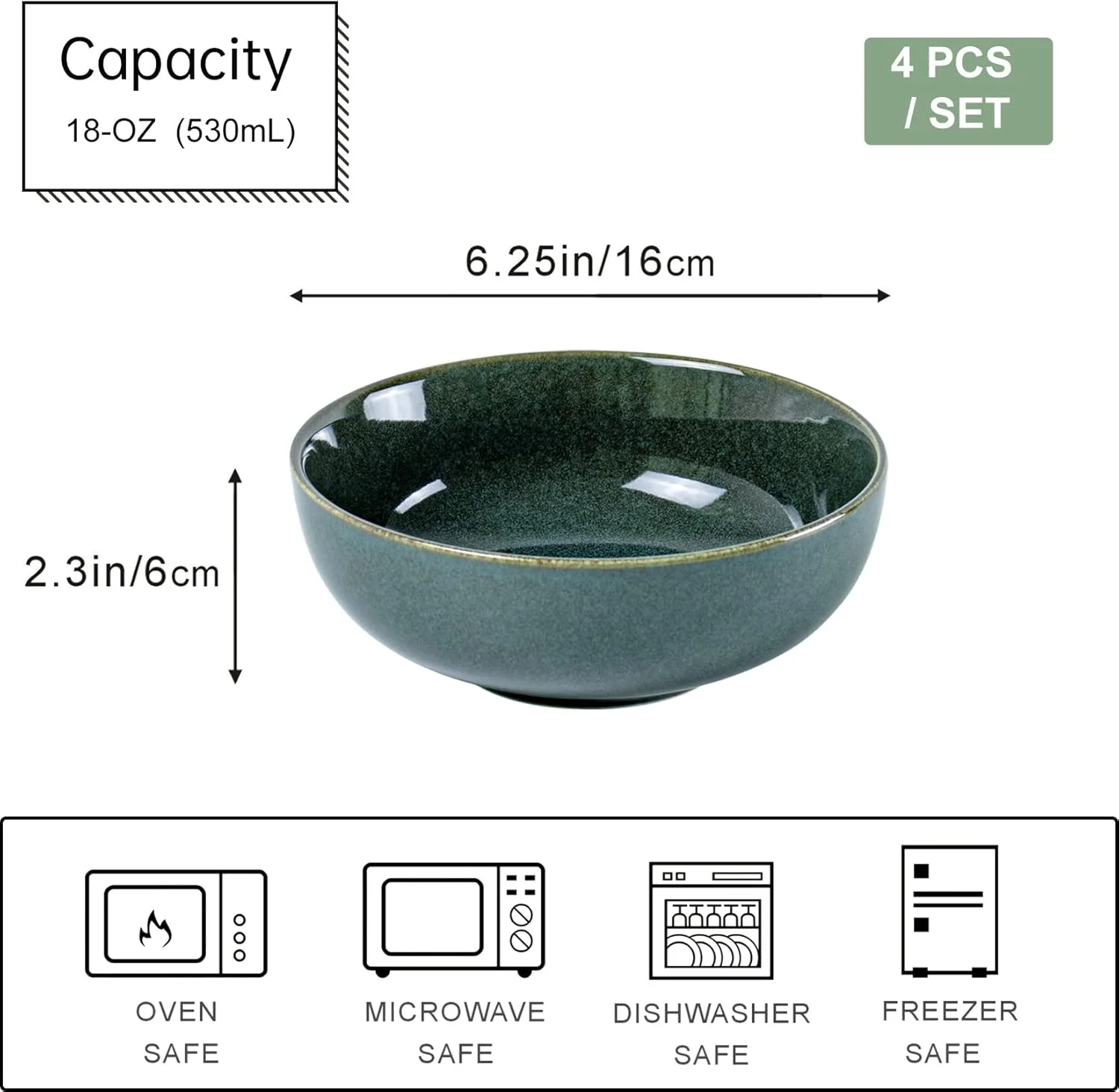 ست کاسه سوپ خوری یونیکاسا، 4 عددی، کاسه های سبز رنگ سرامیکی برای غلات، 16 سانتی متر، ایده آل به عنوان کاسه سوپ، کاسه دسر، کاسه کورن فلکس، سرویس شام برای 4 نفر، قابل شستشو در ماشین ظرفشویی