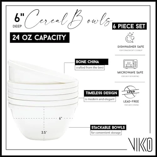 کاسه های غلات ویکو، کاسه های دسر 6 اینچی، کاسه های غلات سفید، کاسه های چینی استخوانی ظریف، ست 6 تایی، قابل استفاده در مایکروویو و ماشین ظرفشویی
