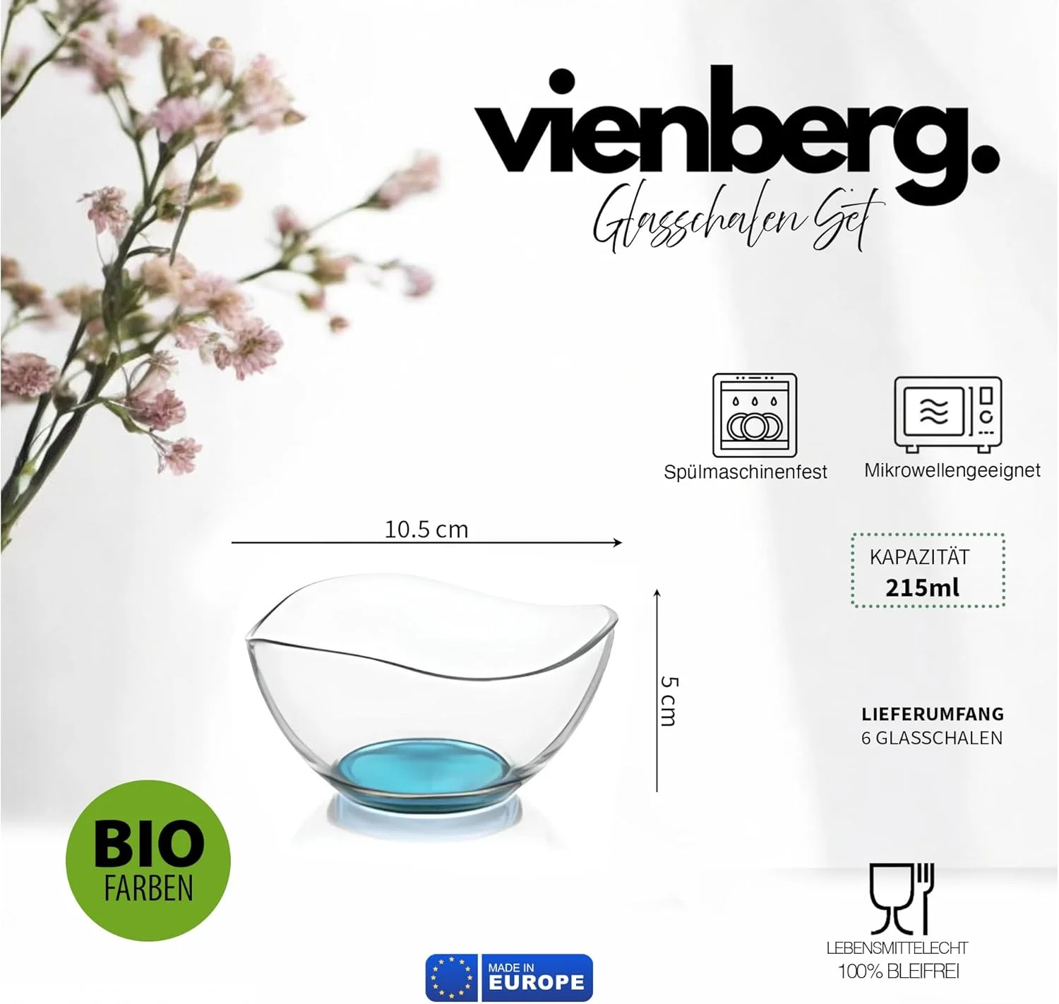 ست 6 عددی کاسه شیشه ای رنگارنگ وینبرگ، 215 میلی لیتر، کاسه غلات، کاسه شیشه ای، کاسه سالاد، کاسه دسر، کاسه شیشه ای، رنگ ارگانیک، بدون سرب، ساخت اتحادیه اروپا