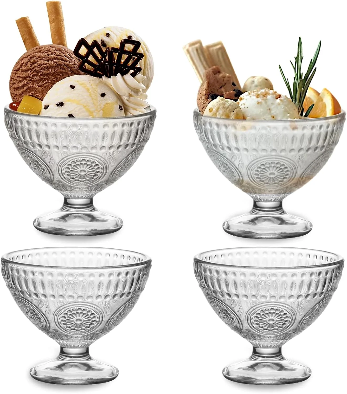 wangsdjy کاسه دسر شیشه ای 220 میلی لیتری - کاسه بستنی با طرح زیبای آفتابگردان - ایده آل برای بستنی، ژله، جو دوسر، ماست و سایر دسرهای فنجانی (4 عدد)