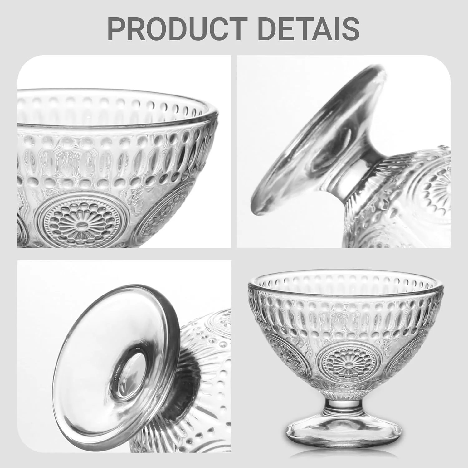 wangsdjy کاسه دسر شیشه ای 220 میلی لیتری - کاسه بستنی با طرح زیبای آفتابگردان - ایده آل برای بستنی، ژله، جو دوسر، ماست و سایر دسرهای فنجانی (4 عدد)