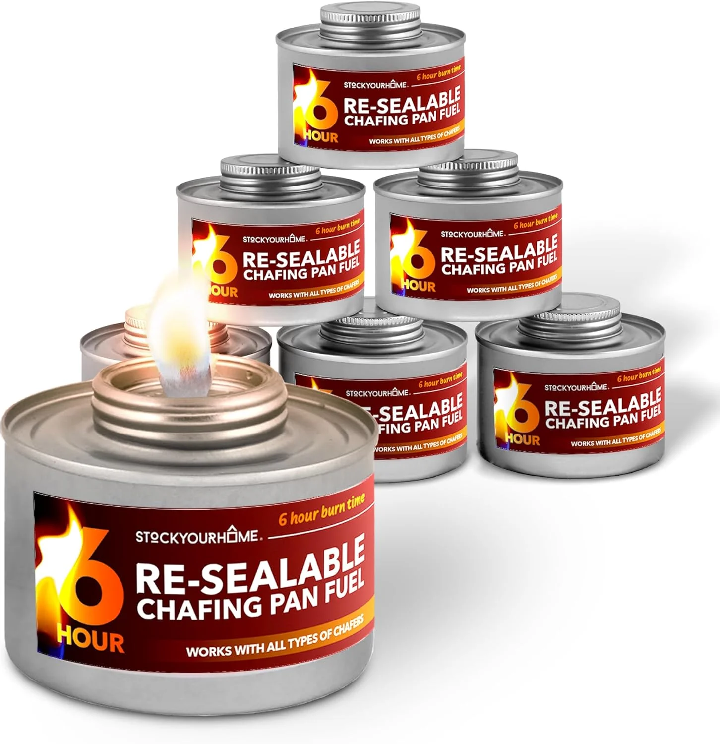 گرم نگهدارنده غذا 6 ساعته برای مهمانی ها (بسته 6 عددی)، قوطی های سوخت گرمایشی با فتیله و درب پیچی ایمنی، گرم نگهدارنده غذا برای بوفه ها، مهمانی ها، عروسی ها، مشعل های با ماندگاری طولانی برای گرم نگهدارنده غذا، بخاری غذا