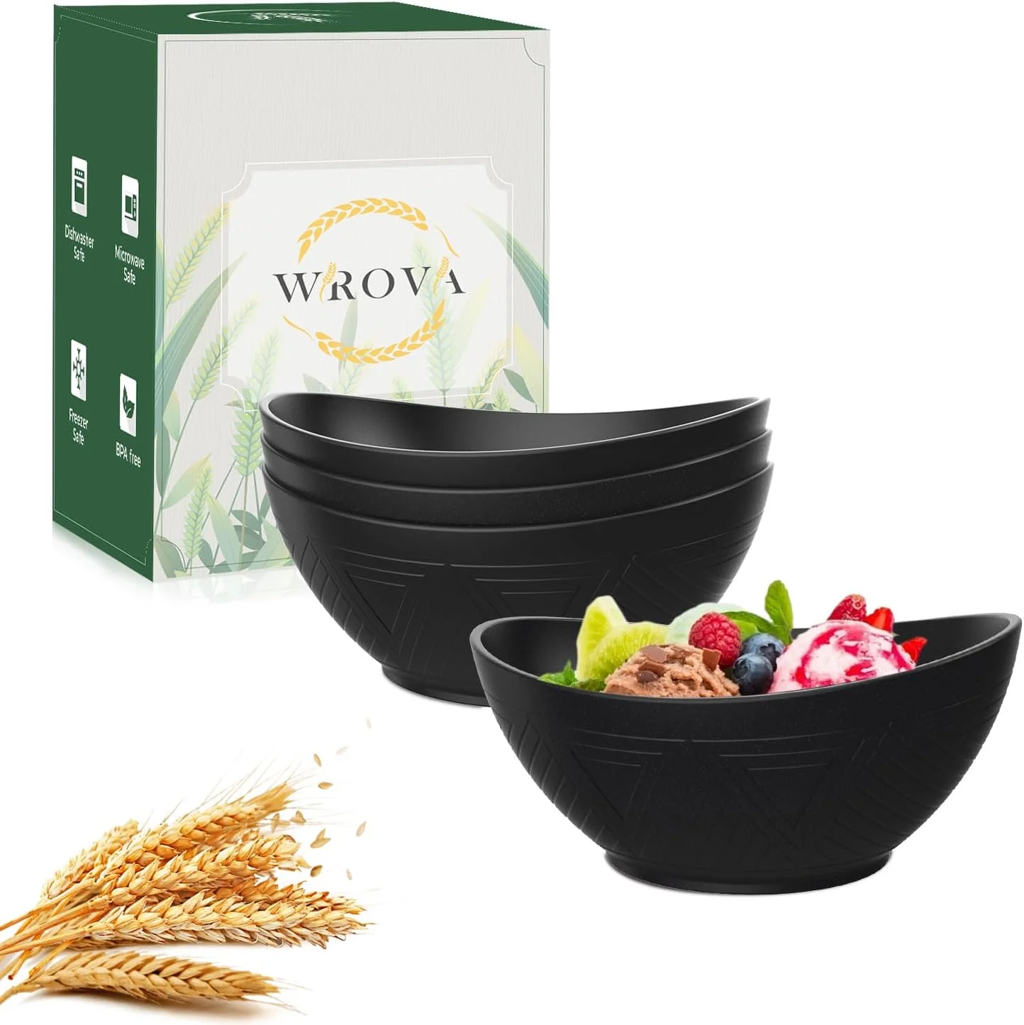 کاسه های 5 اینچی از جنس کاه گندم ورووا با طرح بافت دار - ست 4 عددی کاسه تنقلات 300 میلی لیتری - کاسه های دسر نشکن، قابل استفاده در مایکروویو، ماشین ظرفشویی و فریزر - کاسه های کوچک برای بستنی و سس. مشکی