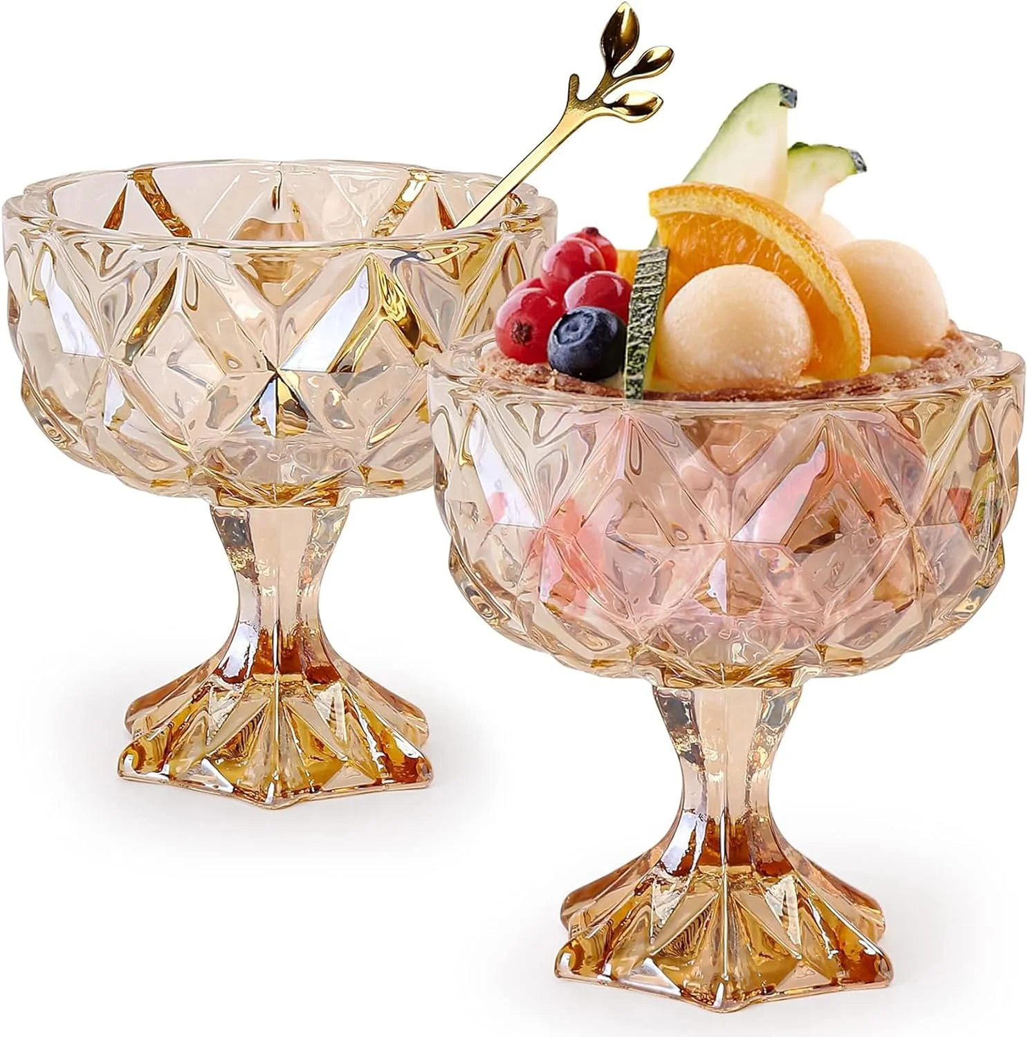 ظروف دسر شیشه ای یامی سم، لیوان های دسر پایه دار بستنی 280 میلی لیتری، لیوان های دسر شیشه ای برای ترافل، پارفه، بستنی خوری و آجیل خوری، ست 2 عددی، ظروف دسر شیشه ای با قاشق