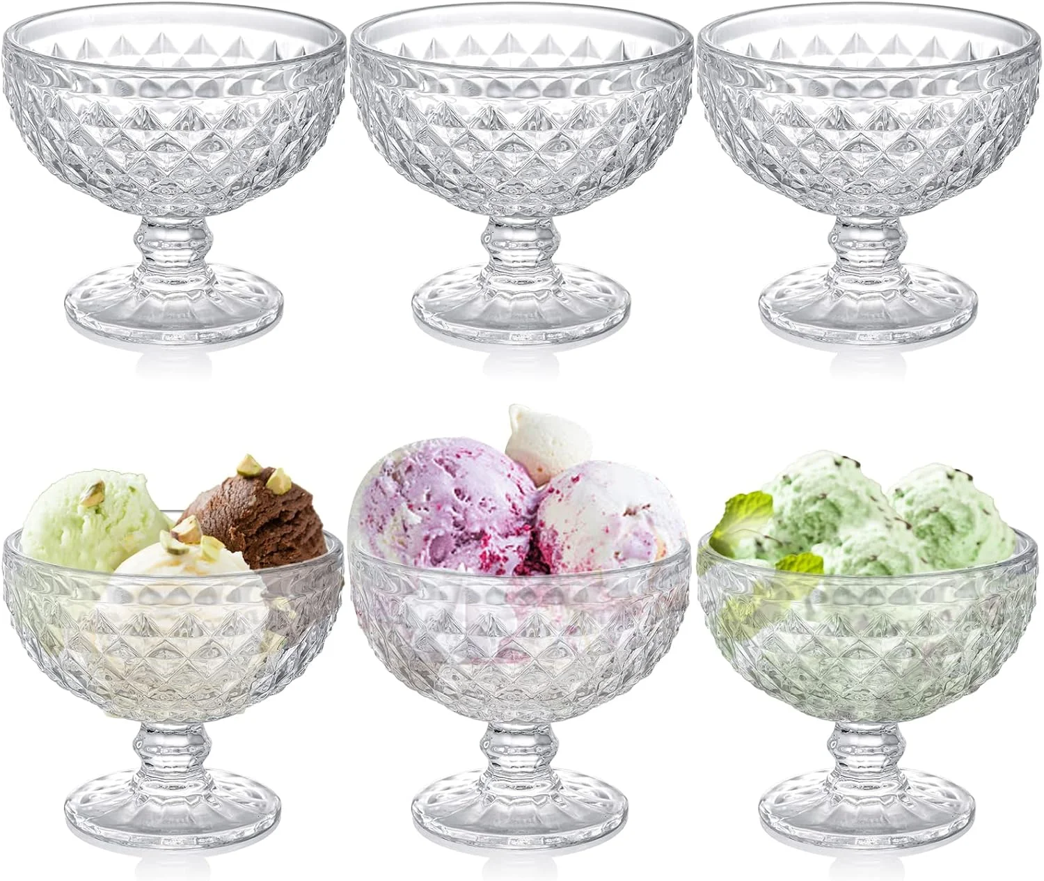 ZOOFOX ست 6 تایی کاسه دسر شیشه ای، فنجان بستنی خوری شیشه ای 350 میلی لیتری با طرح الماس قدیمی، ظروف سرو پایه دار برای بستنی، اسموتی، میوه، سالاد، ماست، و ترایفل ZOOFOX ست 6 تایی کاسه دسر شیشه ای، فنجان بستنی خوری شیشه ای 350 میلی لیتری با طرح الماس قدیمی، ظروف سرو پایه دار برای بستنی، اسموتی، میوه، سالاد، ماست، و ترایفل