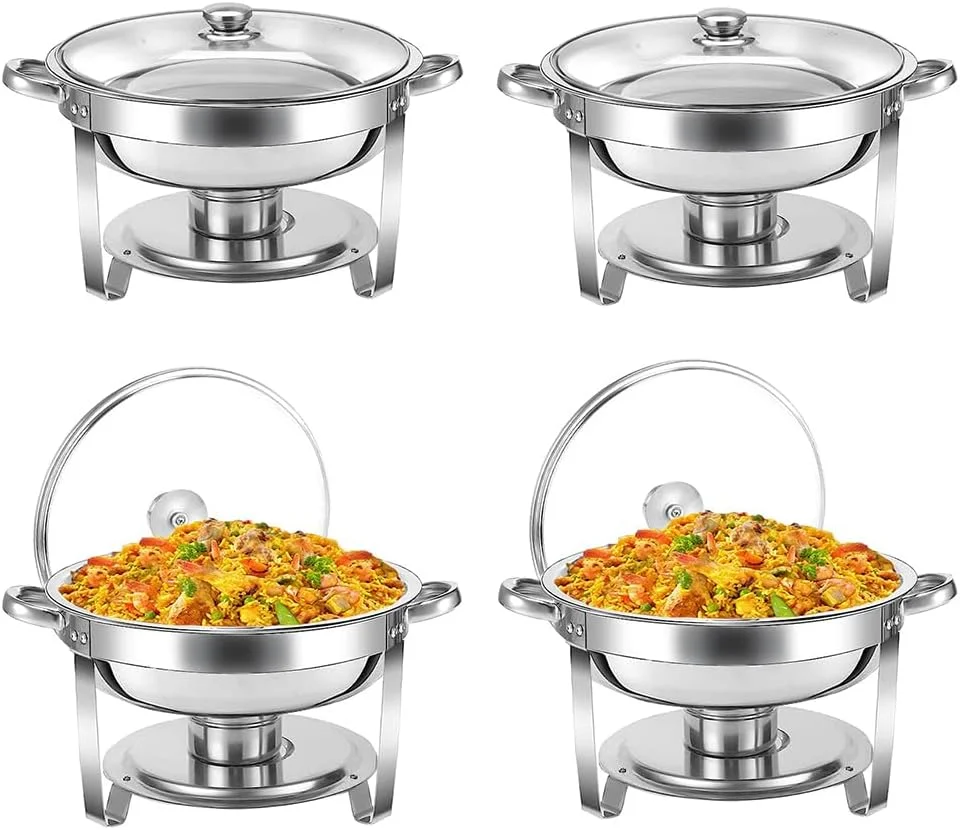 ست گرم نگهدارنده غذا زرتایلر، 4.5 لیتری 4 عددی، استیل ضد زنگ با درب شیشه ای، گرمکن گرد پذیرایی با درب، ظرف آب، پایه، جای سوخت، جای درب، قاشق (4 تکه)