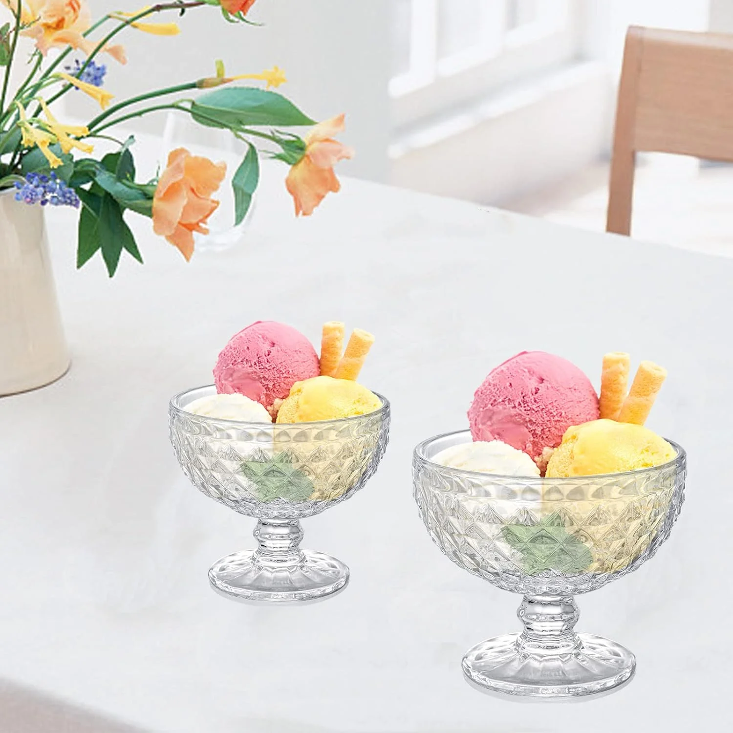 ZOOFOX ست 6 تایی کاسه دسر شیشه ای، فنجان بستنی خوری شیشه ای 350 میلی لیتری با طرح الماس قدیمی، ظروف سرو پایه دار برای بستنی، اسموتی، میوه، سالاد، ماست، و ترایفل ZOOFOX ست 6 تایی کاسه دسر شیشه ای، فنجان بستنی خوری شیشه ای 350 میلی لیتری با طرح الماس قدیمی، ظروف سرو پایه دار برای بستنی، اسموتی، میوه، سالاد، ماست، و ترایفل