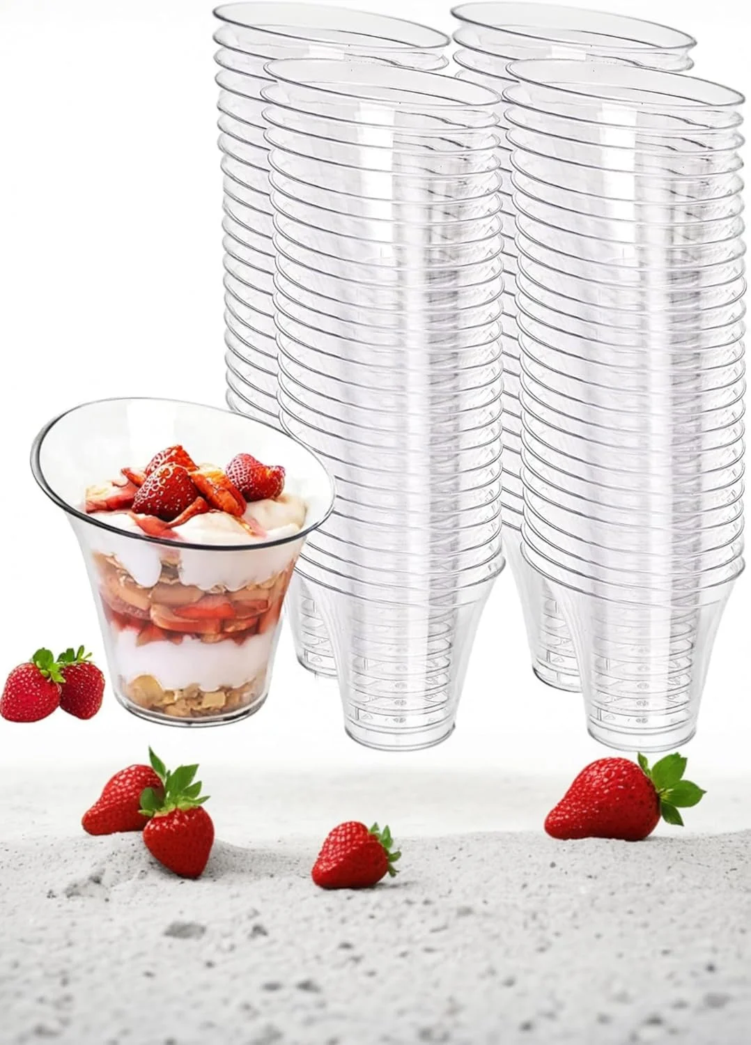 ظروف دسر پلاستیکی شفاف Sweet seven، بسته 50 عددی - ظروف پارفیت گرد مورب 140 میلی لیتری برای دسر، پودینگ، موس، مهمانی