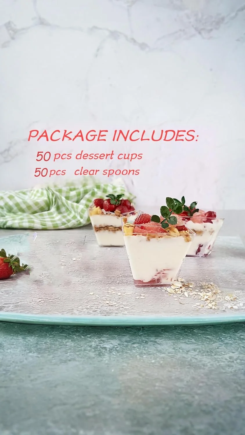 شیرین سون بسته 50 عددی مینی فنجان دسر پلاستیکی شفاف با قاشق، ایده آل برای مهمانی های تست و پیش غذا، فنجان های پارفه مربعی قابل استفاده مجدد برای دسر و موارد دیگر، فنجان های 60 میلی لیتری شیرین سون بسته 50 عددی مینی فنجان دسر پلاستیکی شفاف با قاشق، ایده آل برای مهمانی های تست و پیش غذا، فنجان های پارفه مربعی قابل استفاده مجدد برای دسر و موارد دیگر، فنجان های 60 میلی لیتری