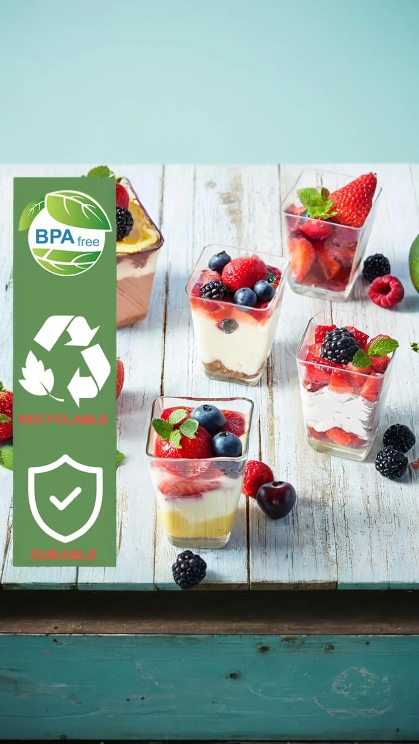 ظروف دسر مینی Sweet seven، بسته 50 عددی، 150 میلی لیتری، همراه با قاشق - ظروف شات مربعی پلاستیکی شفاف و قابل استفاده مجدد برای پارفه، پیش غذا و لیوان دسر ظروف دسر مینی Sweet seven، بسته 50 عددی، 150 میلی لیتری، همراه با قاشق - ظروف شات مربعی پلاستیکی شفاف و قابل استفاده مجدد برای پارفه، پیش غذا و لیوان دسر