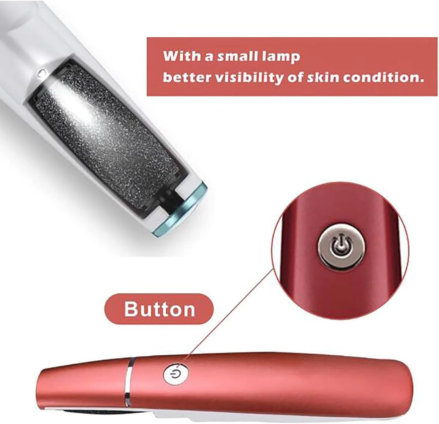 سوهان برقی قابل حمل پا با چراغ LED، حذف کننده پینه USB، 2 غلتک ابزار مراقبت از پوست مرده برای پاهای ترک خورده، سفید (قرمز) سوهان برقی قابل حمل پا با چراغ LED، حذف کننده پینه USB، 2 غلتک ابزار مراقبت از پوست مرده برای پاهای ترک خورده، سفید (قرمز)