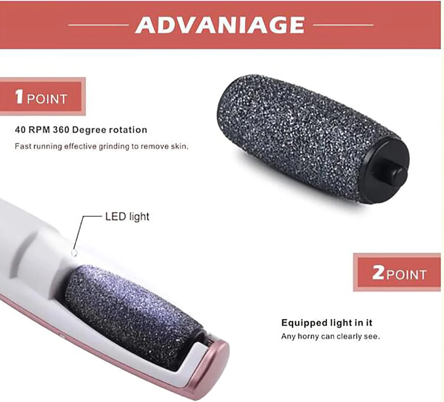 سوهان برقی قابل حمل پا با چراغ LED، حذف کننده پینه USB، 2 غلتک ابزار مراقبت از پوست مرده برای پاهای ترک خورده، سفید (قرمز) سوهان برقی قابل حمل پا با چراغ LED، حذف کننده پینه USB، 2 غلتک ابزار مراقبت از پوست مرده برای پاهای ترک خورده، سفید (قرمز)