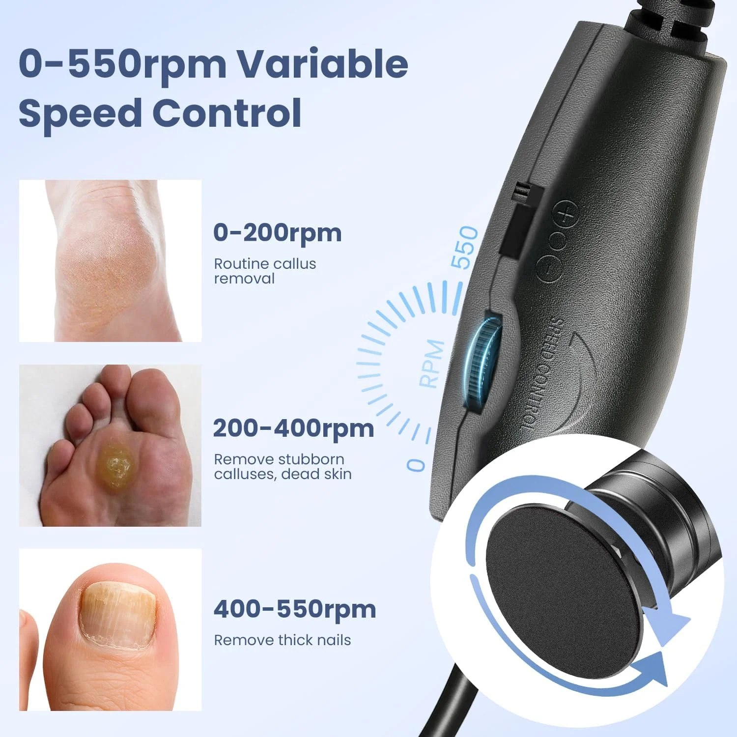 سوهان پدیکور پا، اسکرابر حرفه ای پا با 60 عدد دیسک سمباده، ابزار پدیکور با سرعت قابل تنظیم برای پا، سوهان برقی قدرتمند پا برای از بین بردن پوست مرده و پینه مردان و زنان