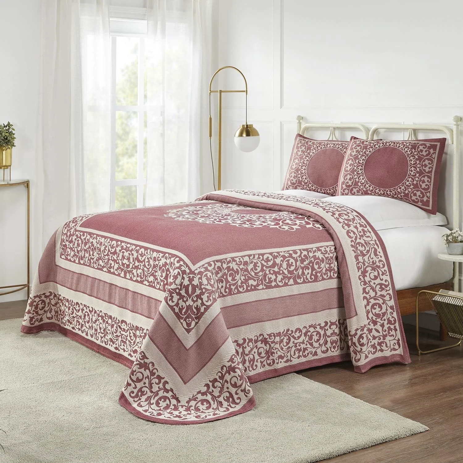 SUPERIOR Cotton-Polyester Blend Jacquard Weave Medallion Textured 3-Piece Bedspread Set, King, Berry Red