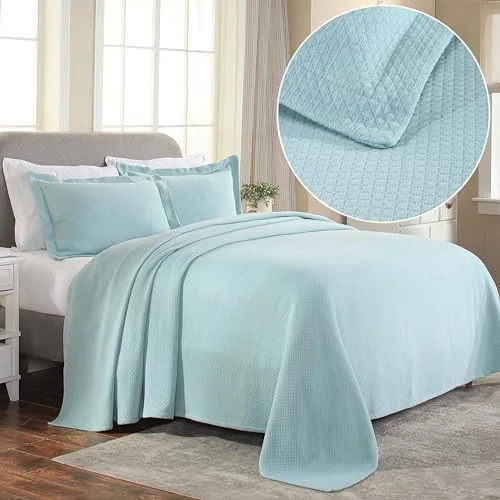 ست روتختی سه تکه پنبه ای یک نفره سوپریور، دکور تخت خواب منزل، روتختی تزئینی، 2 روبالشی، پتوی با وزن متوسط، روتختی ماتلاس، ملحفه طرح دار لحافی، سایز کوئین، آبی