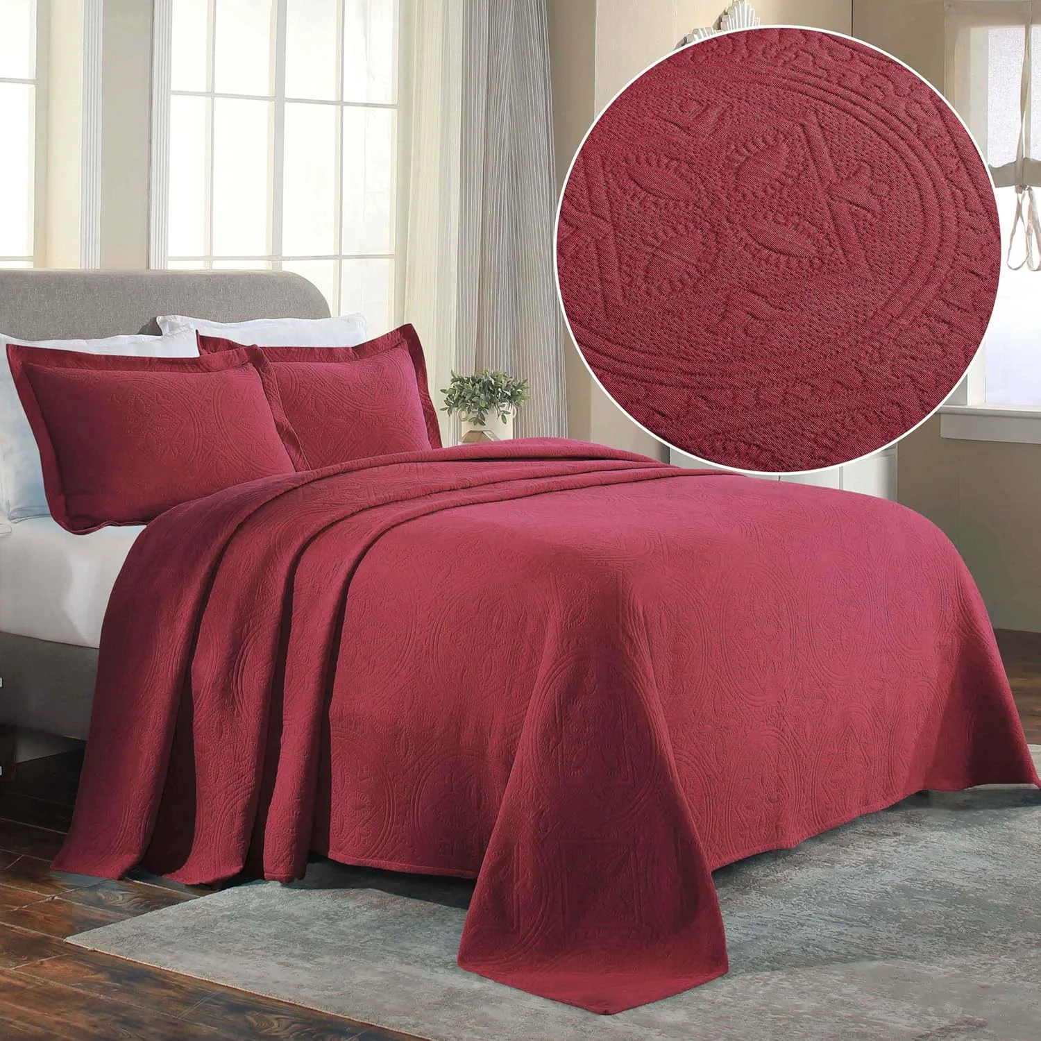 ست روتختی پنبه ای سه تکه طرح دایره های سلتیک سوپریور، روتختی تزئینی، دکوراسیون منزل، 2 روبالشی، پتوی وزن متوسط، روتختی ماتلاس، طرح حلقه ازدواج، سایز کامل، بورگاندی