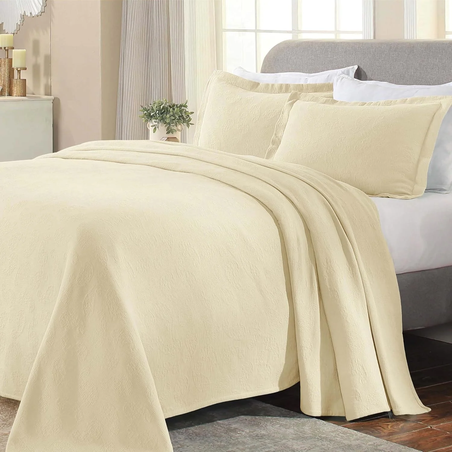 ست روتختی سه تکه پنبه ای طرح بته جقه سوپریور، دکور تخت خواب منزل، روتختی تزئینی، 2 روبالشی، پتوی با وزن متوسط، رو تختی ماتلاس، طرح گلدار قدیمی، سایز کوئین، عاجی