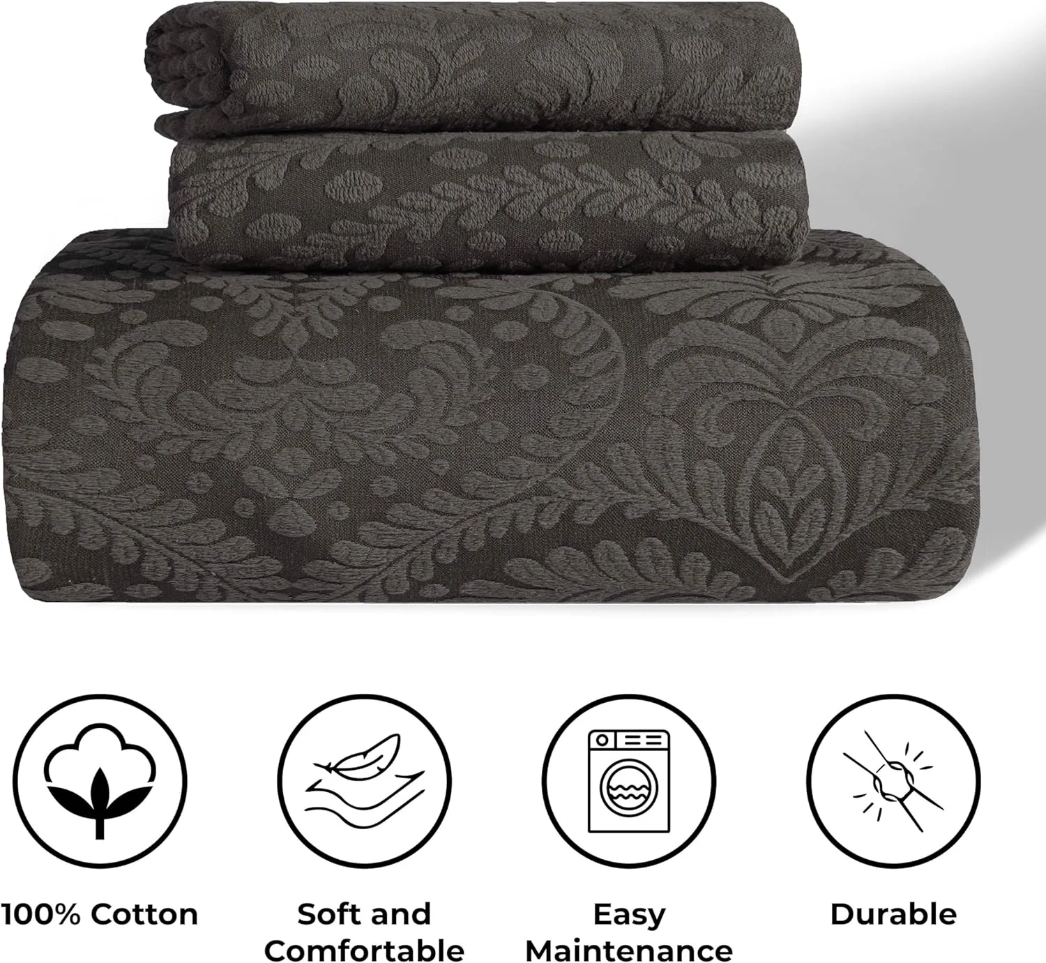 ست روتختی دو تکه Aspen Superior، روتختی بزرگ، 1 روبالشی، پتوی با وزن متوسط، دکور تخت خواب منزل، طرح گلدار کنگره دار، رو تختی ماتلاس، ملزومات رختخواب، یک نفره، ذغالی