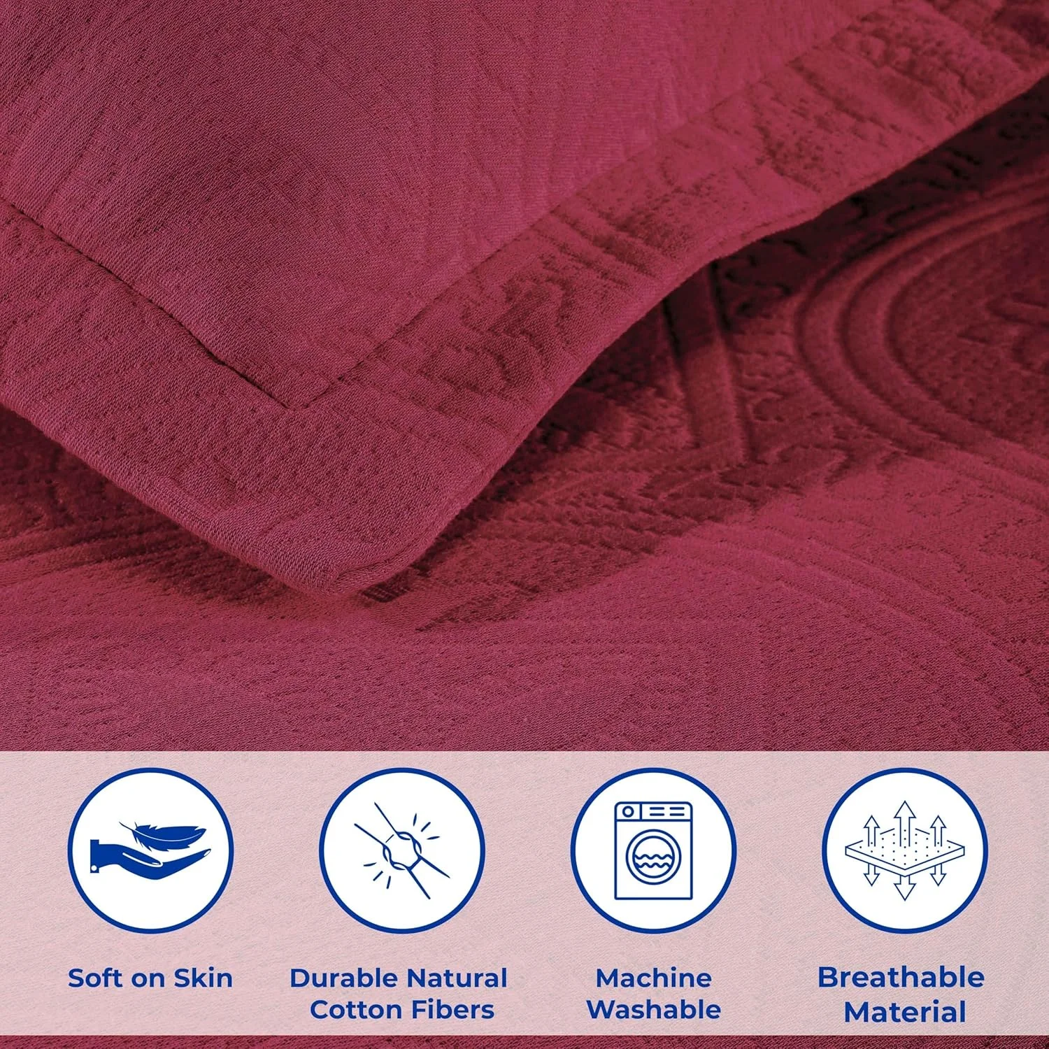 ست روتختی پنبه ای سه تکه طرح دایره های سلتیک سوپریور، روتختی تزئینی، دکوراسیون منزل، 2 روبالشی، پتوی وزن متوسط، روتختی ماتلاس، طرح حلقه ازدواج، سایز کامل، بورگاندی