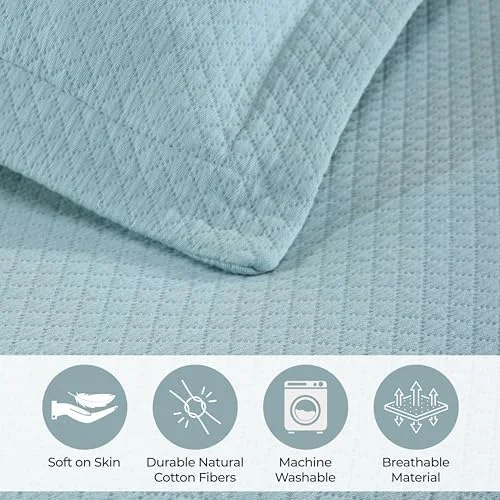 ست روتختی سه تکه پنبه ای یک نفره سوپریور، دکور تخت خواب منزل، روتختی تزئینی، 2 روبالشی، پتوی با وزن متوسط، روتختی ماتلاس، ملحفه طرح دار لحافی، سایز کوئین، آبی