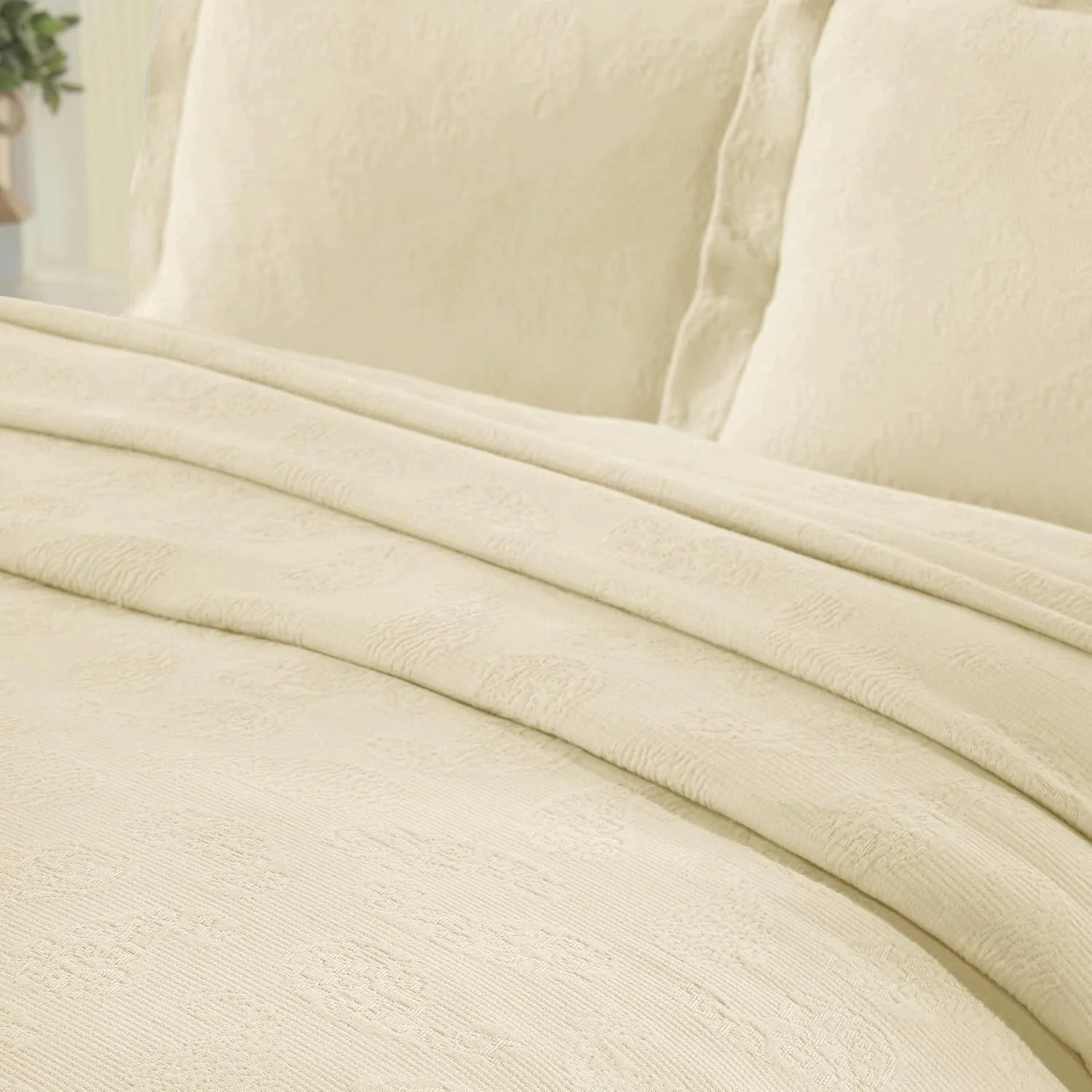 ست روتختی سه تکه پنبه ای طرح بته جقه سوپریور، دکور تخت خواب منزل، روتختی تزئینی، 2 روبالشی، پتوی با وزن متوسط، رو تختی ماتلاس، طرح گلدار قدیمی، سایز کوئین، عاجی