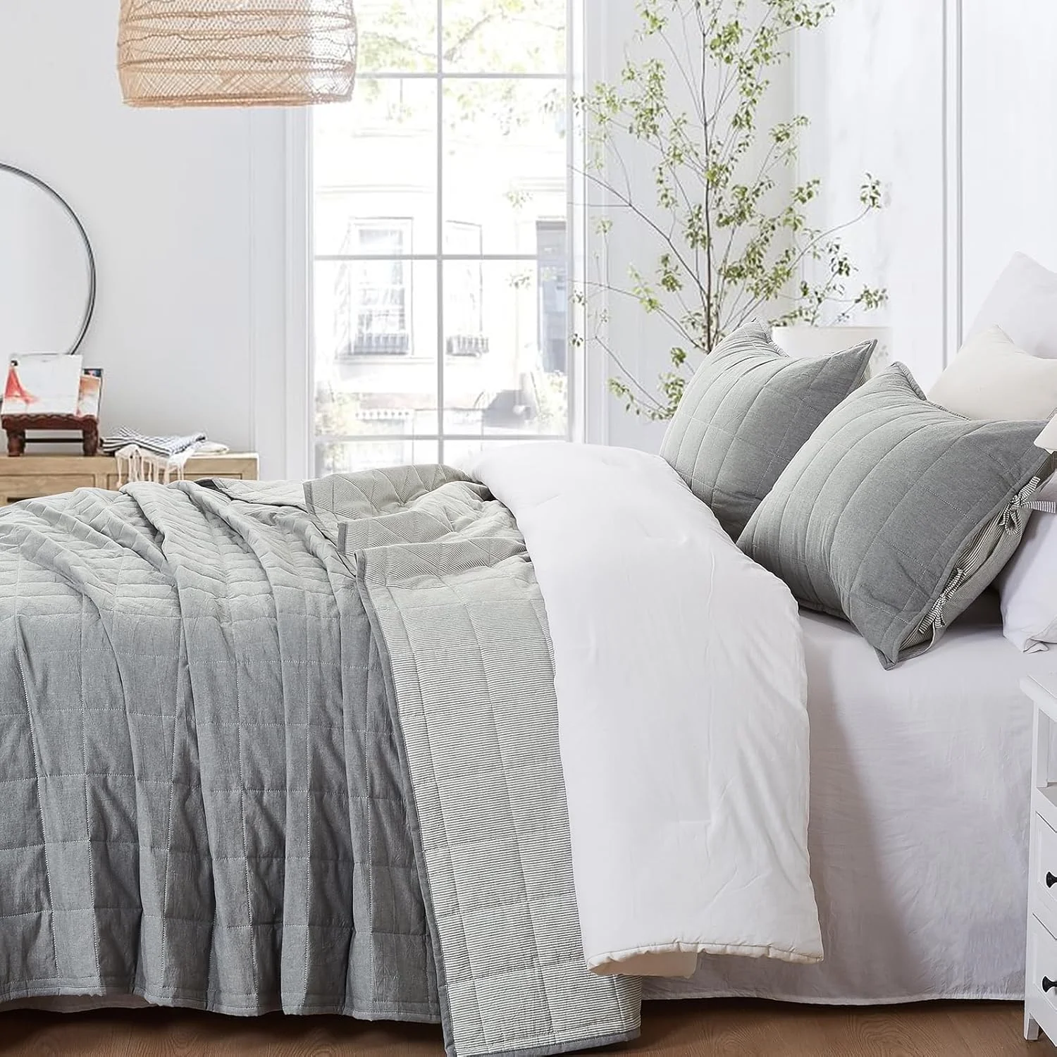 softpage Light Grey Quilt Twin, Cotton Twin Quilt Bedding Set,2-Pieces Quilted Bed Spread with Black Stripe Coverlet Light Weight Bedspread with 1 Pillow Sham softpage Light Grey Quilt Twin, Cotton Twin Quilt Bedding Set,2-Pieces Quilted Bed Spread with Black Stripe Coverlet Light Weight Bedspread with 1 Pillow Sham