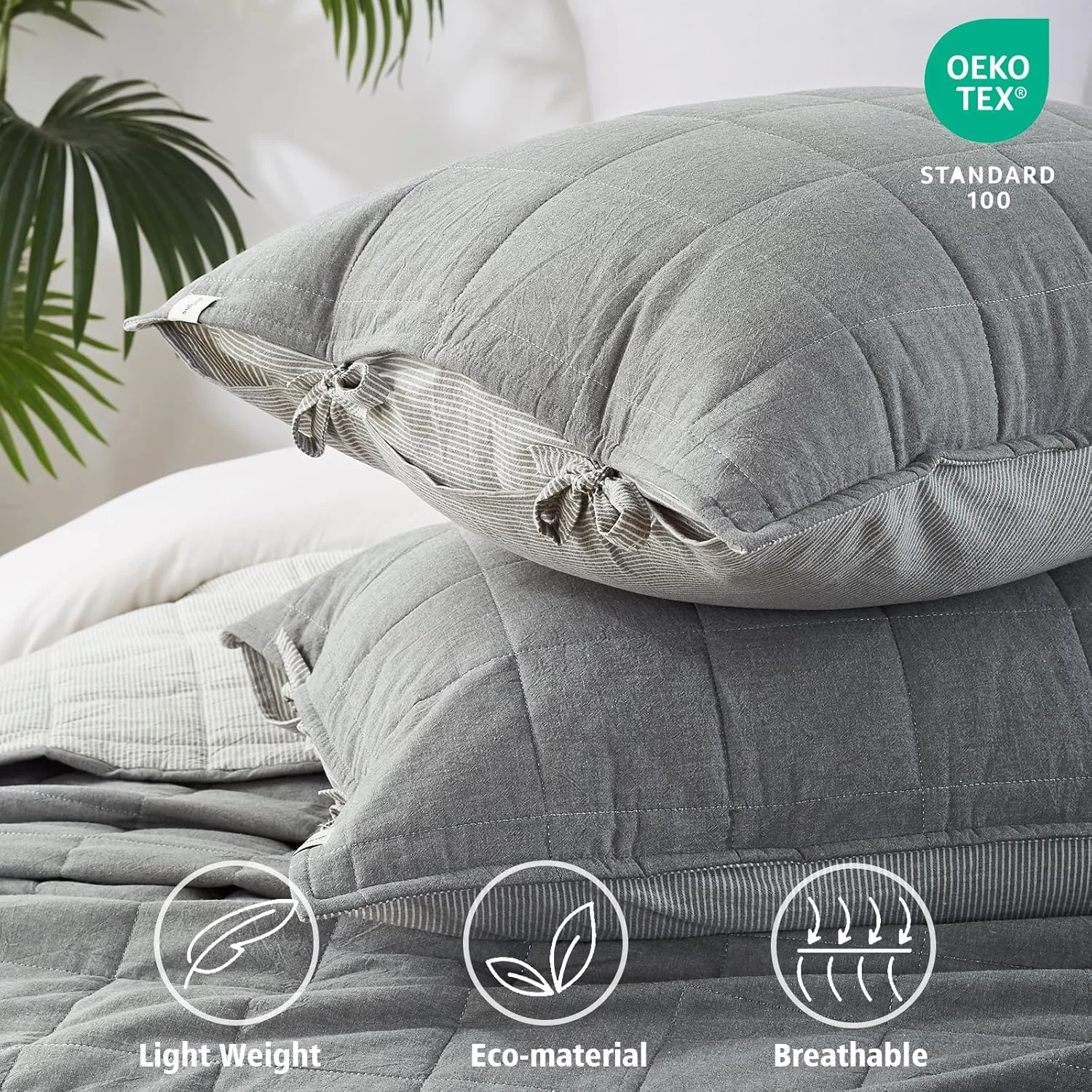 softpage Light Grey Quilt Twin， Cotton Twin Quilt Bedding Set，2-Pieces Quilted Bed Spread with Black Stripe Coverlet Light Weight Bedspread with 1 Pillow Sham