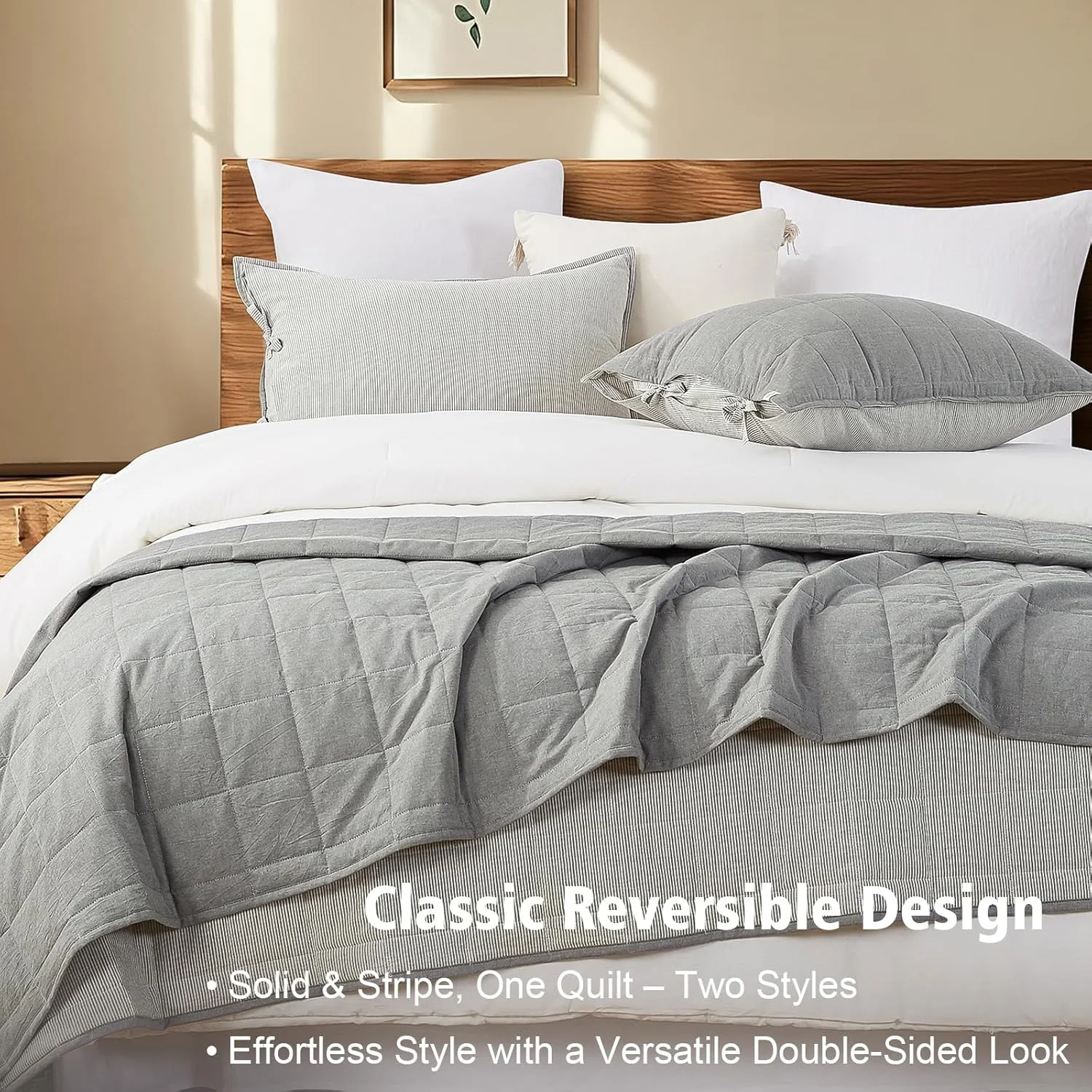 softpage Light Grey Quilt Twin， Cotton Twin Quilt Bedding Set，2-Pieces Quilted Bed Spread with Black Stripe Coverlet Light Weight Bedspread with 1 Pillow Sham