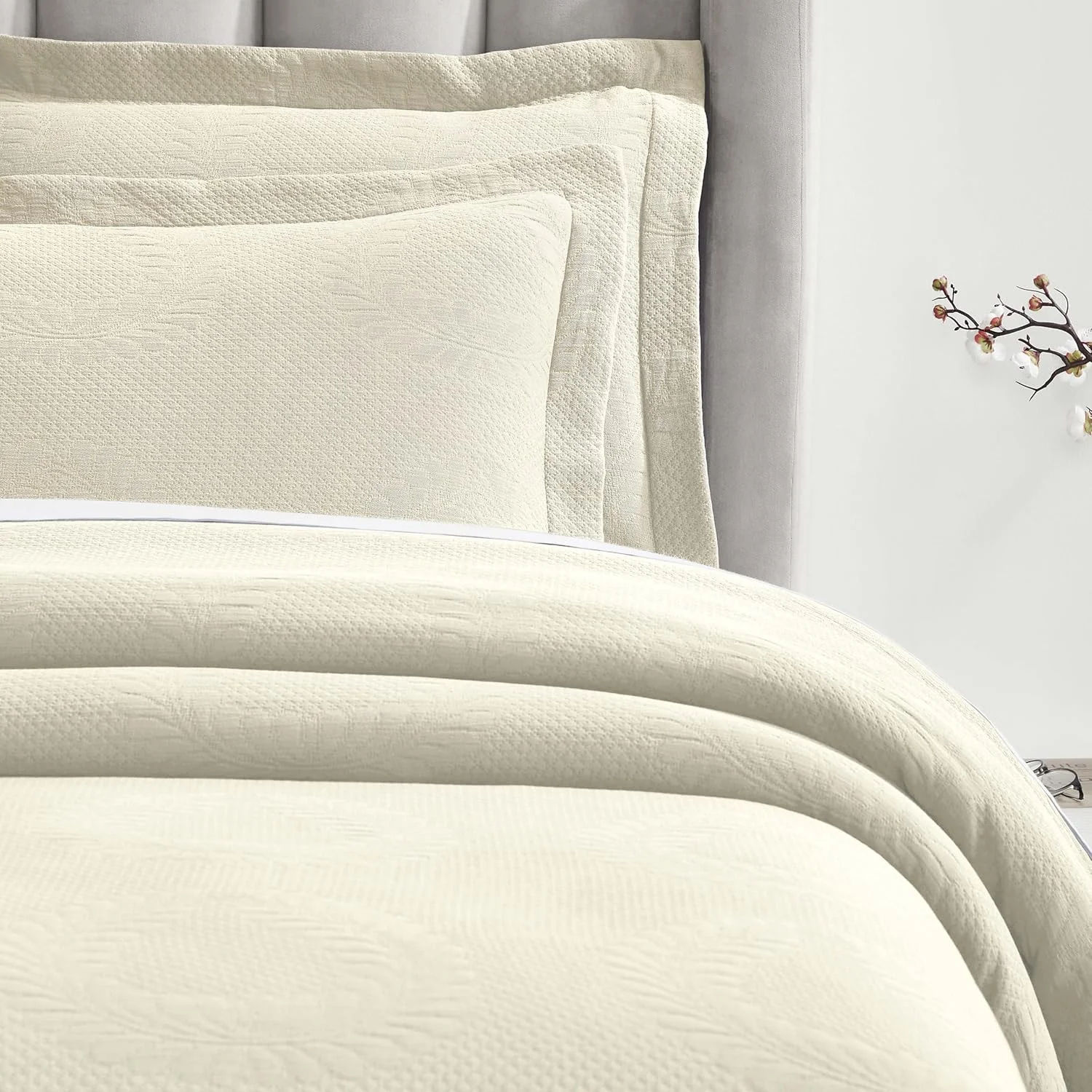 ست روتختی پنبه‌ای سه تکه Superior، دکور تخت خواب منزل، روتختی تزئینی، 2 روبالشتی، پتوی با وزن متوسط، رو تختی ماتلاس، لوازم ضروری تخت خواب، مجموعه Peploi، سایز کامل، عاجی