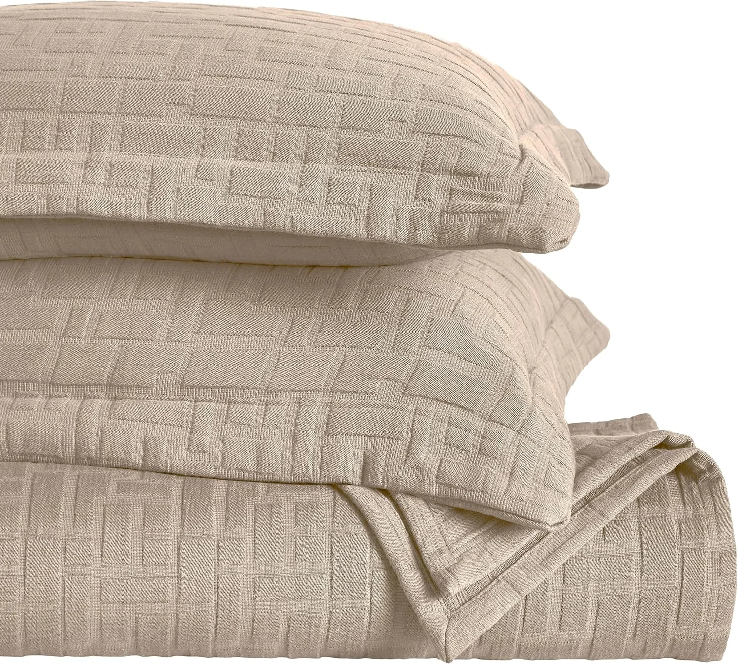 ست روتختی و روبالشتی سه تکه پنبه ای عالی، دکور تخت خواب منزل، روتختی تزئینی، 2 عدد روبالشتی، وزن متوسط، رو تختی هندسی ماتلاس، لوازم ضروری تخت خواب، مجموعه مادرید، کینگ، بژ