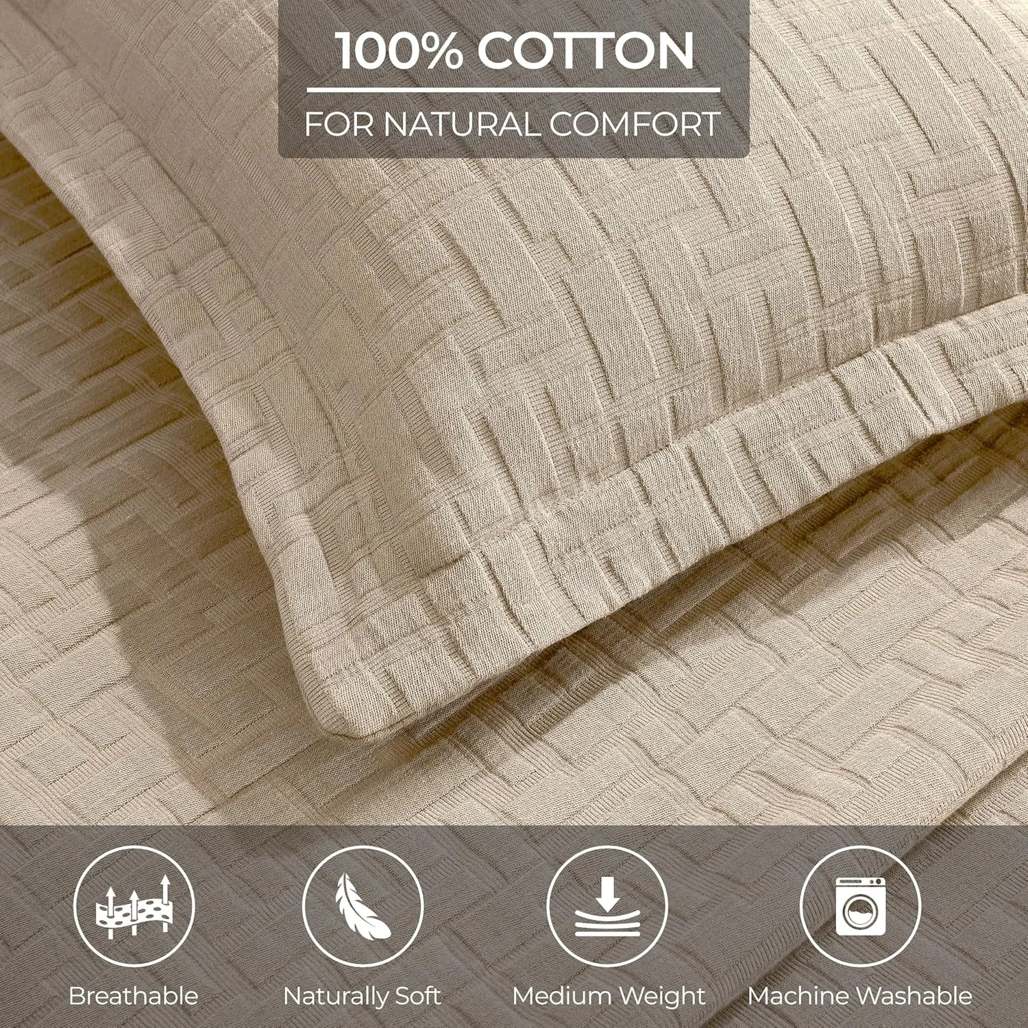 ست روتختی و روبالشتی سه تکه پنبه ای عالی، دکور تخت خواب منزل، روتختی تزئینی، 2 عدد روبالشتی، وزن متوسط، رو تختی هندسی ماتلاس، لوازم ضروری تخت خواب، مجموعه مادرید، کینگ، بژ