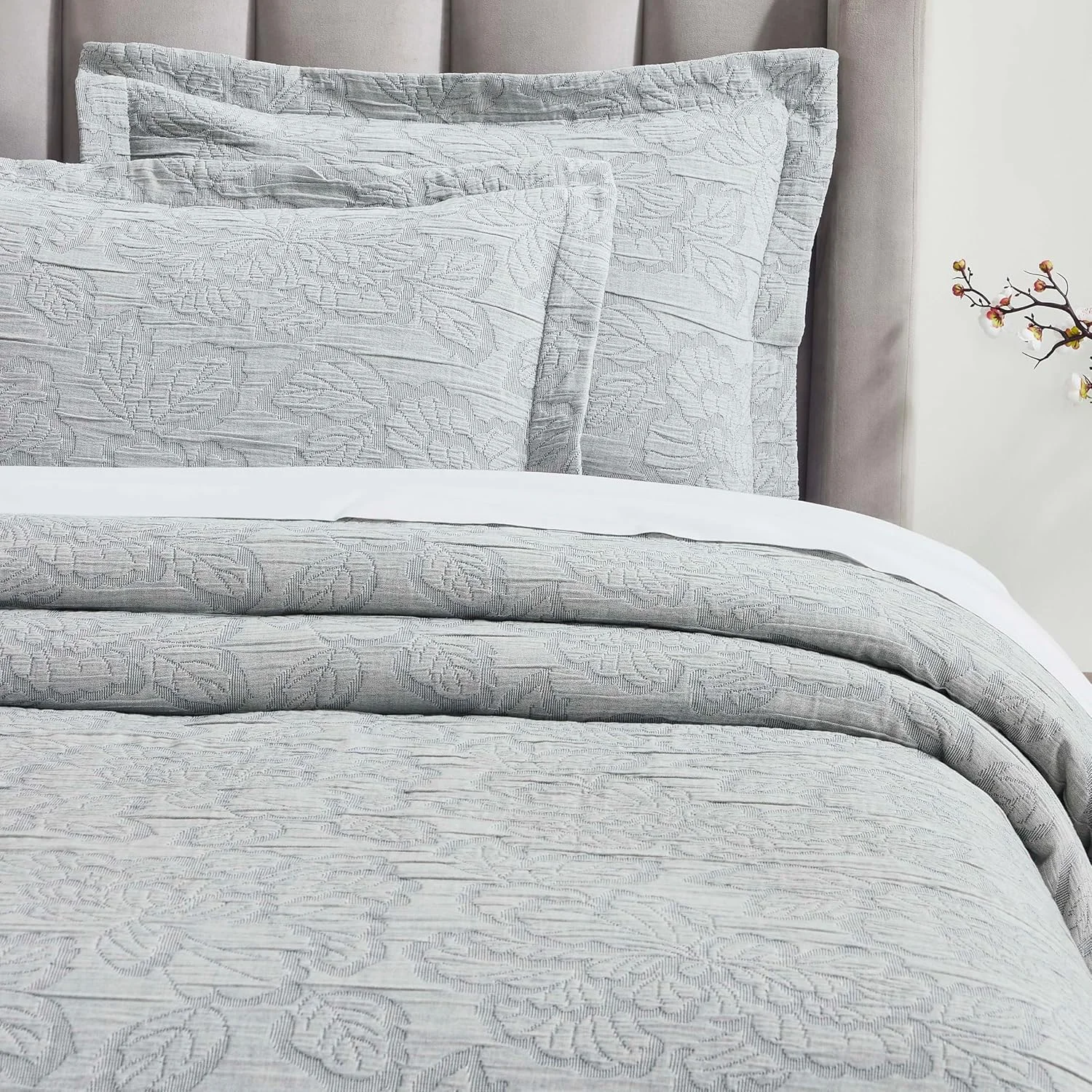 ست روتختی پنبه ای 3 تکه سوپریور، دکور تخت خواب منزل، روتختی تزئینی، 2 روبالشی، پتوی با وزن متوسط، رو تختی ماتلاس، لوازم ضروری رختخواب، مجموعه هیبیسکوس، کینگ، خاکستری