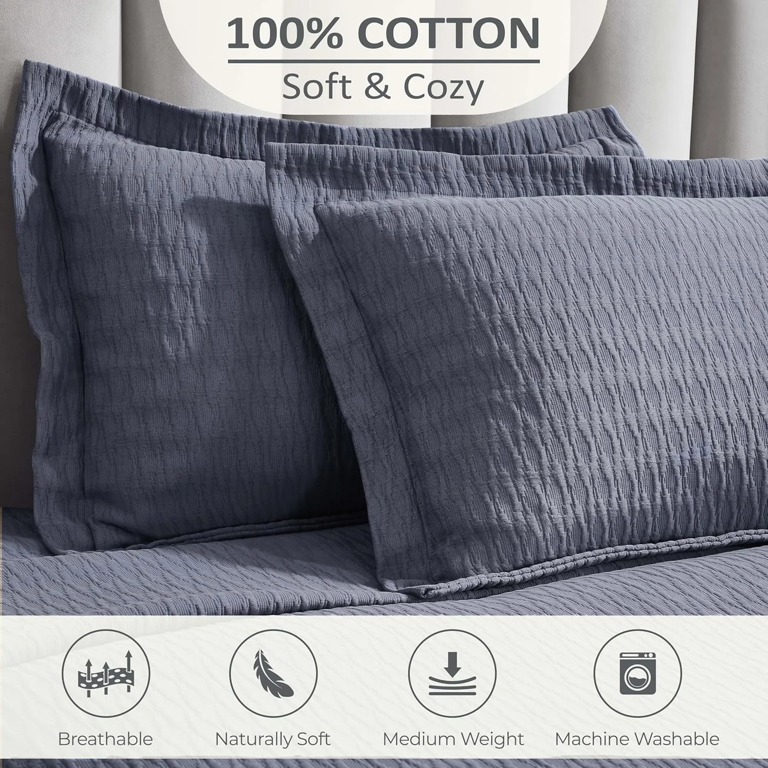 ست روتختی پنبه ای 3 تکه سوپریور، دکور تخت خواب منزل، روتختی تزئینی، 2 روبالشی، پتوی وزن متوسط، رو تختی ماتلاس، لوازم ضروری تخت خواب، مجموعه کالورت، سایز کوئین، آبی جین