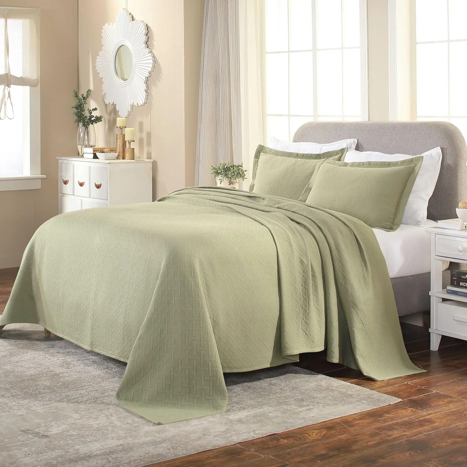 ست روتختی سه تکه بافت سبدی Superior، 100% پنبه، دکور تخت خواب منزل، روتختی تزئینی، 2 روبالشتی، پتوی با وزن متوسط، رو تختی ماتلاس، طرح هندسی شبکه ای، سایز کامل، مریم گلی