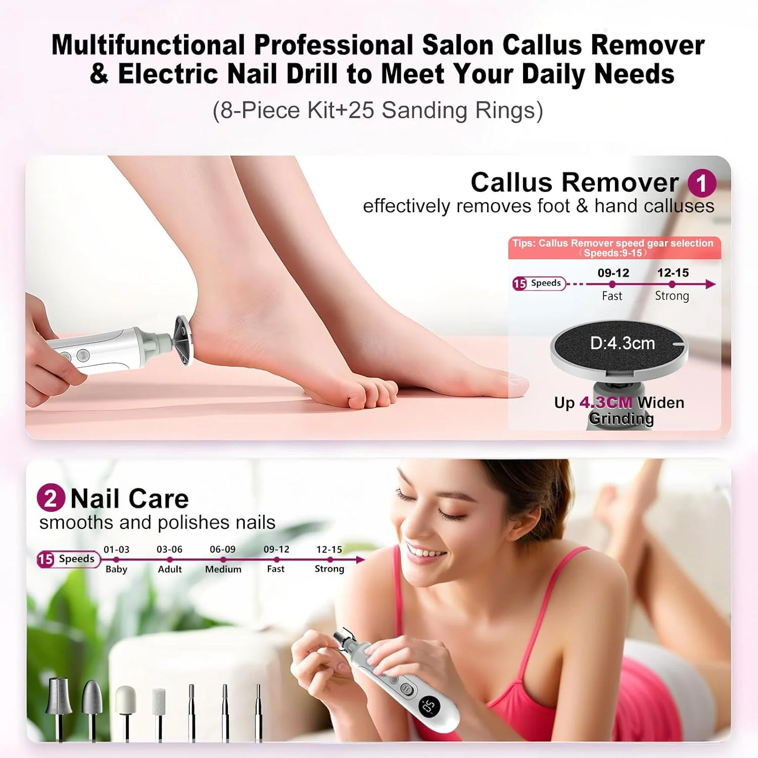 سوهان برقی پدیکور حرفه ای پا، اسکرابر بی سیم 15 سرعته پا با نمایشگر LED، ابزار پدیکور 6000 دور در دقیقه برای پاها، چراغ LED، کیت سوهان ناخن 8 در 1 برای پوست مرده و ناخن های ضخیم، مناسب برای استفاده در منزل و سالن
